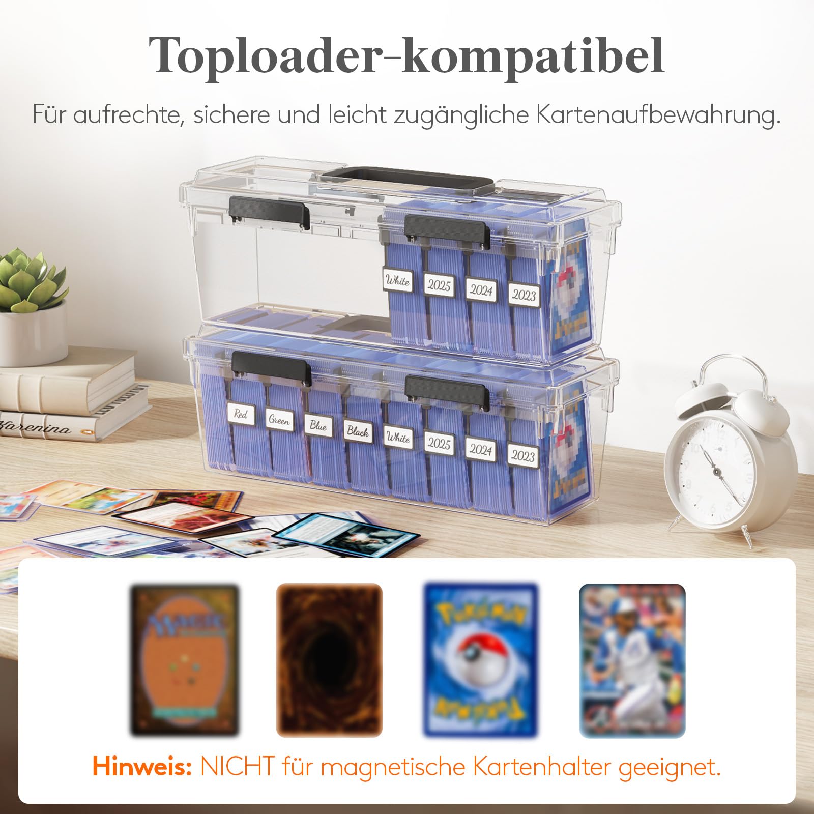 Lifewit Sammelkarten Box für Toploader, Stapelbar Commander Deckbox mit 8 Kartentrenner und Etikette, Kunststoff Kartenbox für MTG TCG Yugioh Sport Karten bis zu 900 unsleeved/180 Toploader, 2 Stück