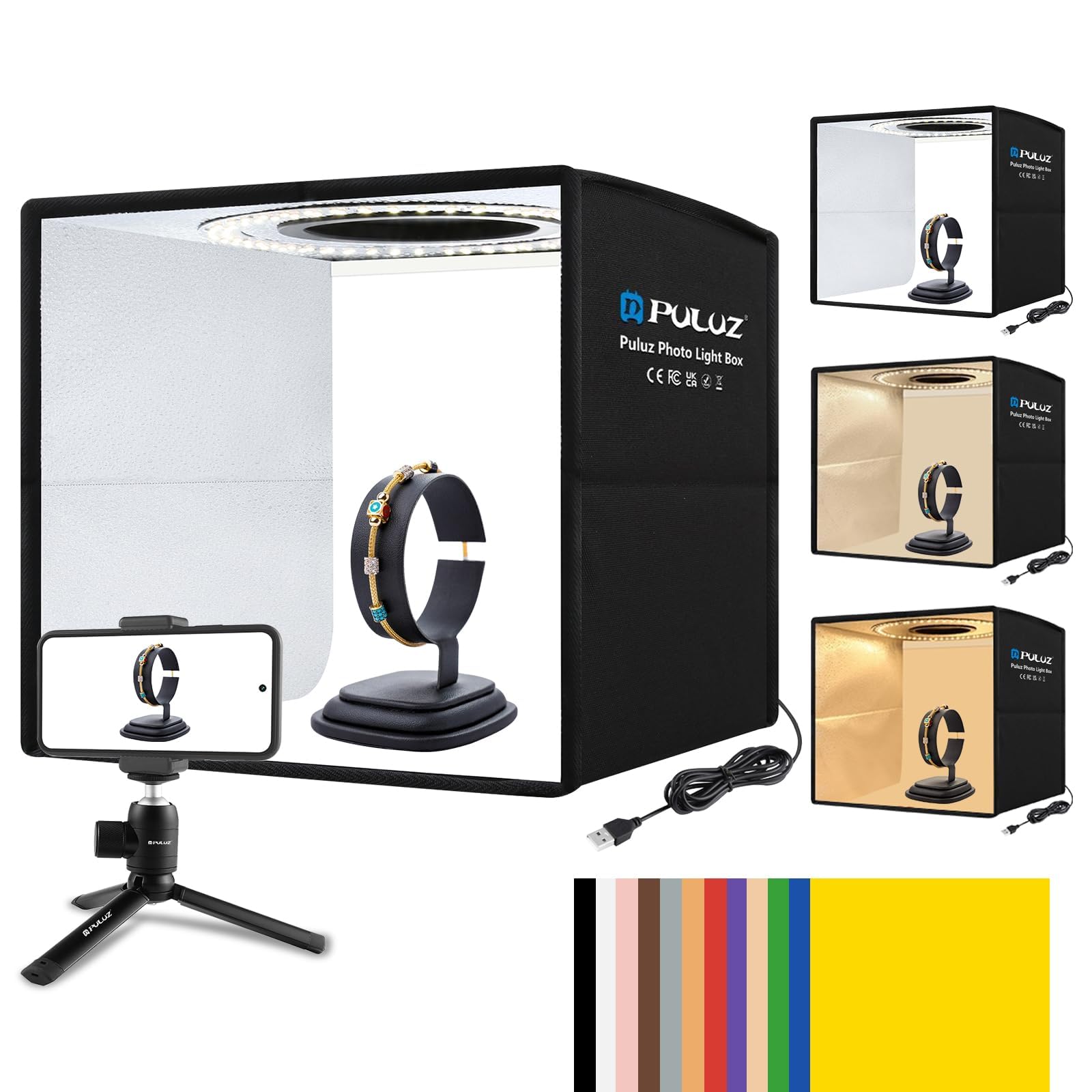 【25CM】 PULUZ Kleiner Hintergrund Fotobox 9.8inch faltende tragbare professionelle Foto Studio Box Beleuchtung Studio Shooting Zelt Box mit 12-Farben-Hintergründen High 97 CRI Ring Light
