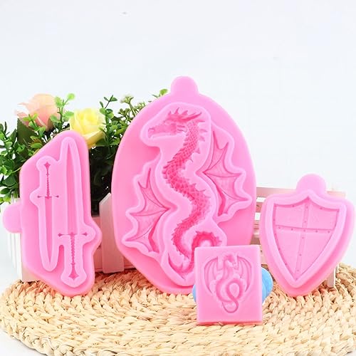 Miniatura 6 de Mujiang Moldes de silicona de dragón, escudo de espadas, molde de fondant de batalla para decoración de pasteles, decoración de cupcakes, pasta de