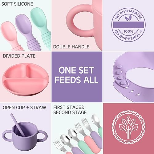 Miniatura 6 de Juego de 24 suministros de silicona para alimentación de bebé, incluye platos divididos de succión, cucharas suaves, tenedores, babero ajustable y