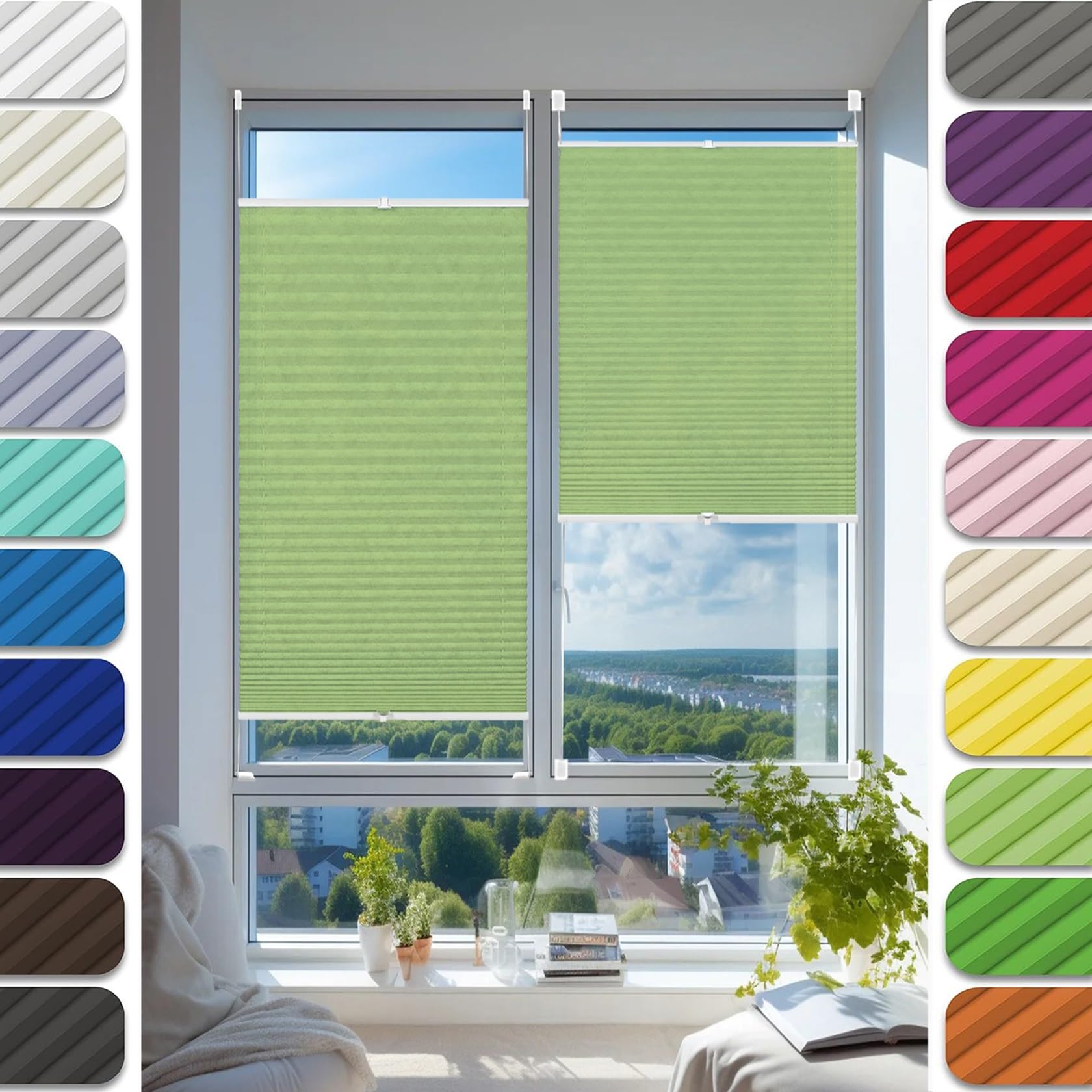 Blackout Blinds Cordless Pleated Blind 25 x 50 cm (W x H), Self-Adhesive Non-Woven, Crumpled Effect, Self-Adhesive Pleated Curtains, Block-Out Pleated Blind, for Window Door, Tender Green