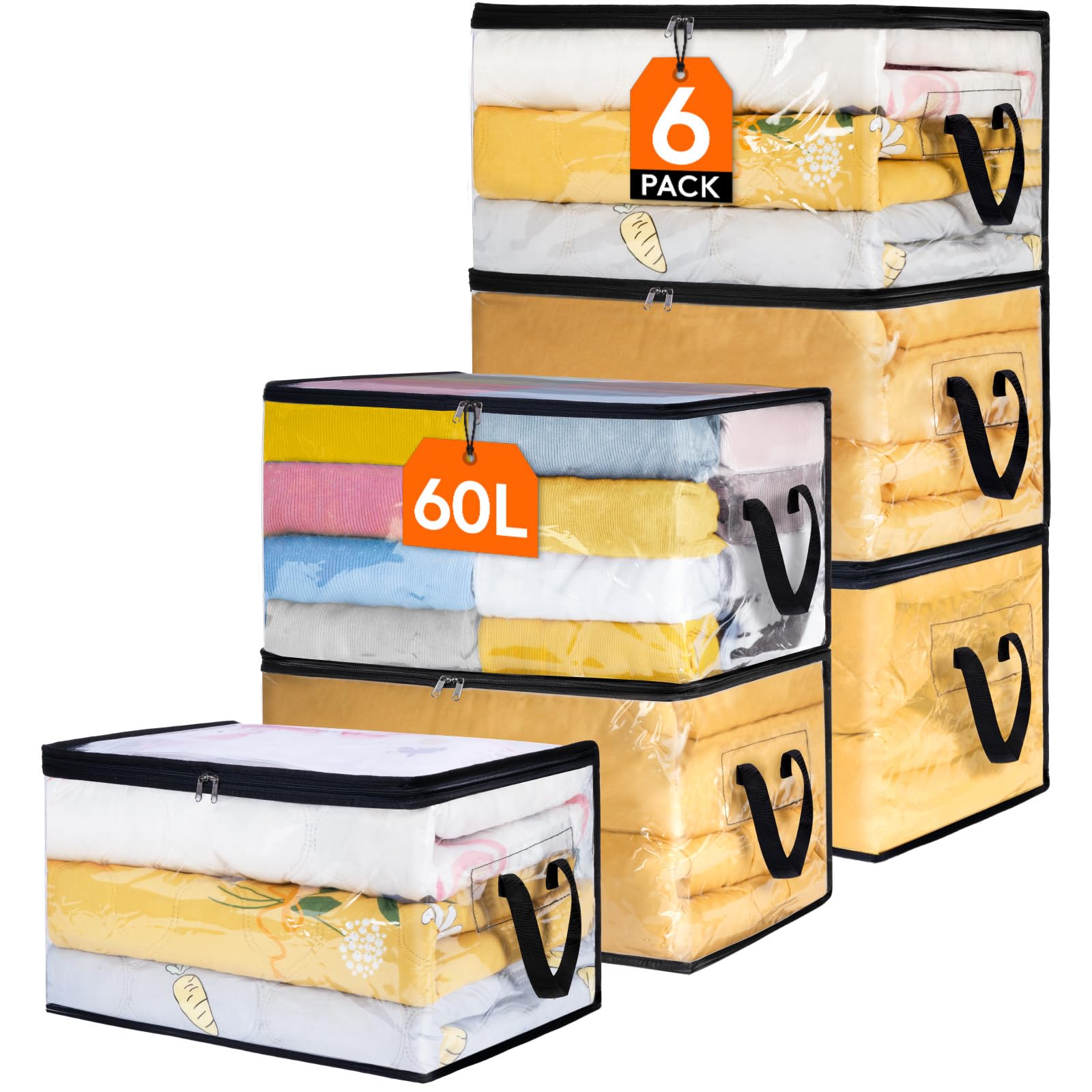 Lifewit6 Pack Clear Clothes Storage Bags, 60L Plastic Blanket Vinyl Foldable Moving Bags with Zipper, Closet Organizers and Storage Containers for Bedding, Duvet, Pillow