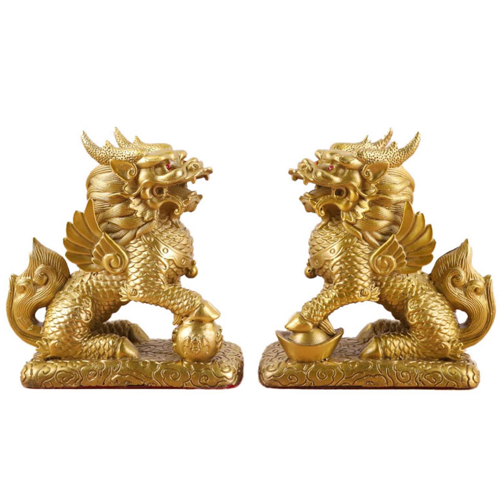 Para mosiężnych posągów Chi-Lin Kylin - figurki chińskiego bogactwa Kirin | Ozdoby i posągi Feng Shui do domu i biura, rzeźba dobrobytu przyciągająca bogactwo, powodzenia
