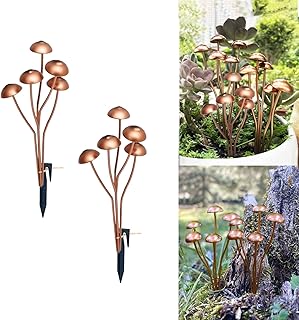 6.5" Metal Mushroom Garden Statue Decor (2-Pack) - Rust-Proof Iron Mushroom Stakes for Outdoor Lawn, Yard, & Patio - Flower Pot Ornament, Creative Gift for Garden Lovers (Stakes & Straps)