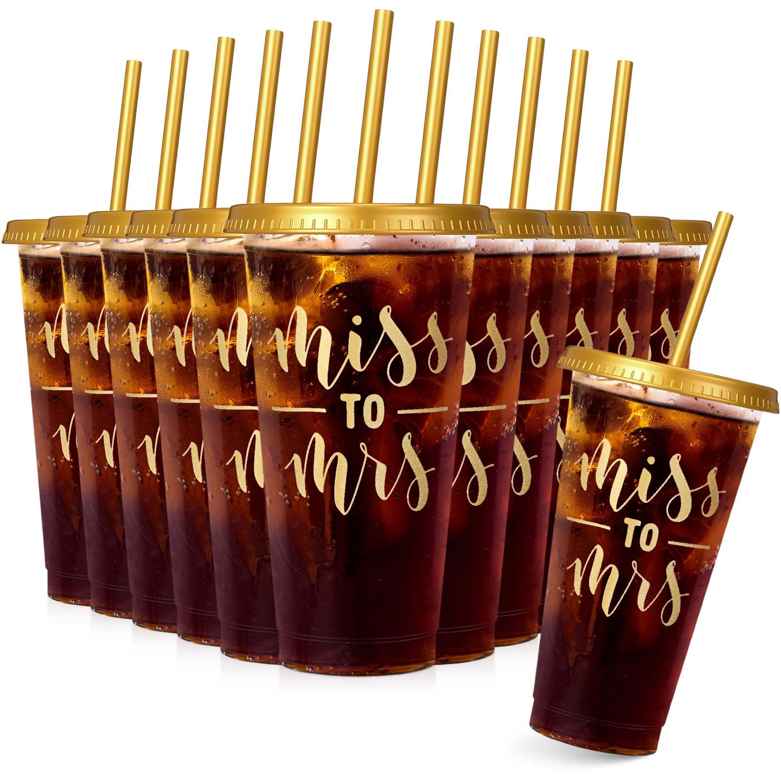 Honeydak 10 Sets Wedding Miss to Mrs Cups Gold Plastic Cups 24 oz with Lids and Straws for Party Bridal Shower Drinking Tumbler Water Bottle