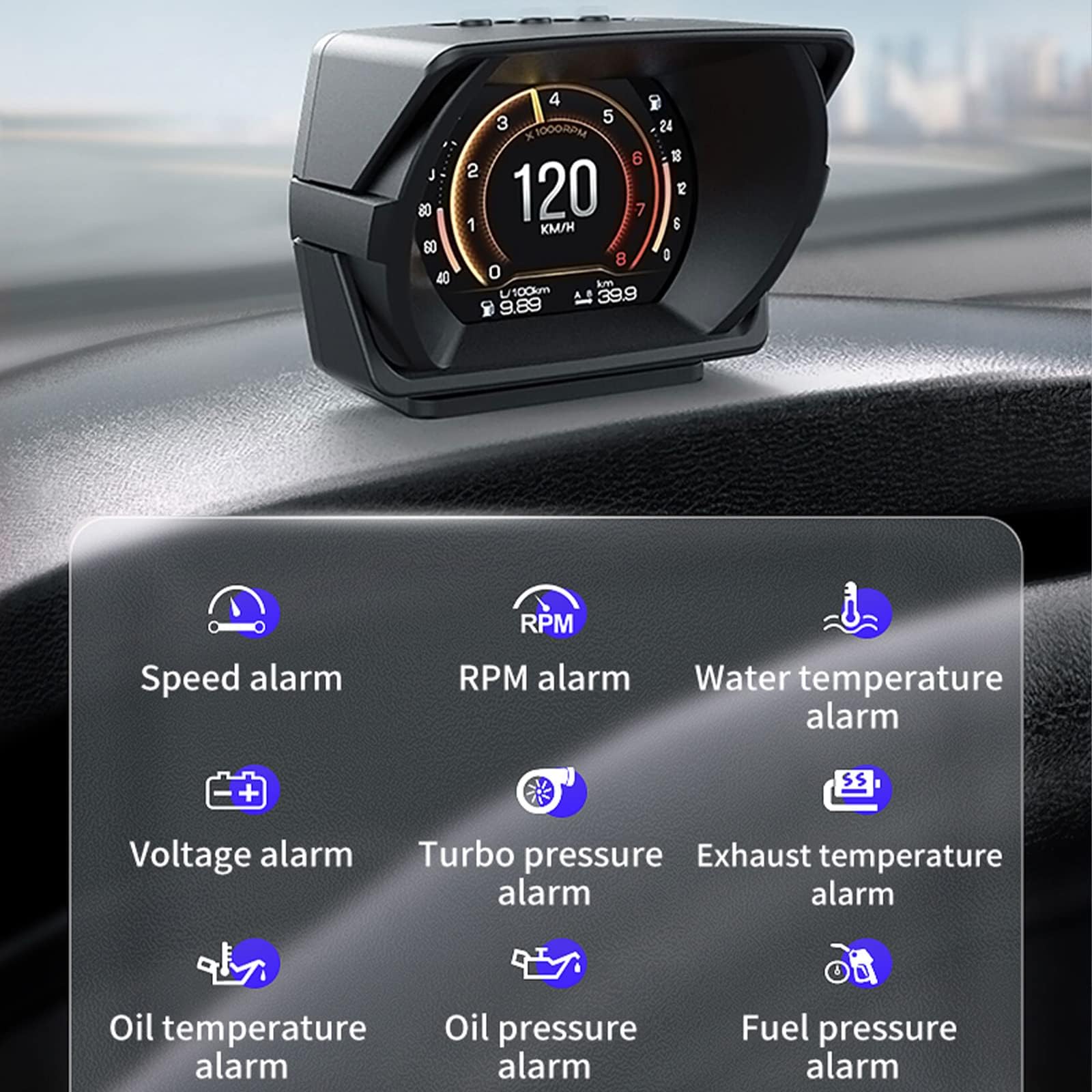 Heads up Display Car, Visualizzazione di una varietà di dati dell'automobile, Gradiente delle condizioni dell'automobile, Tachimetro, Applicabile a tutte le auto