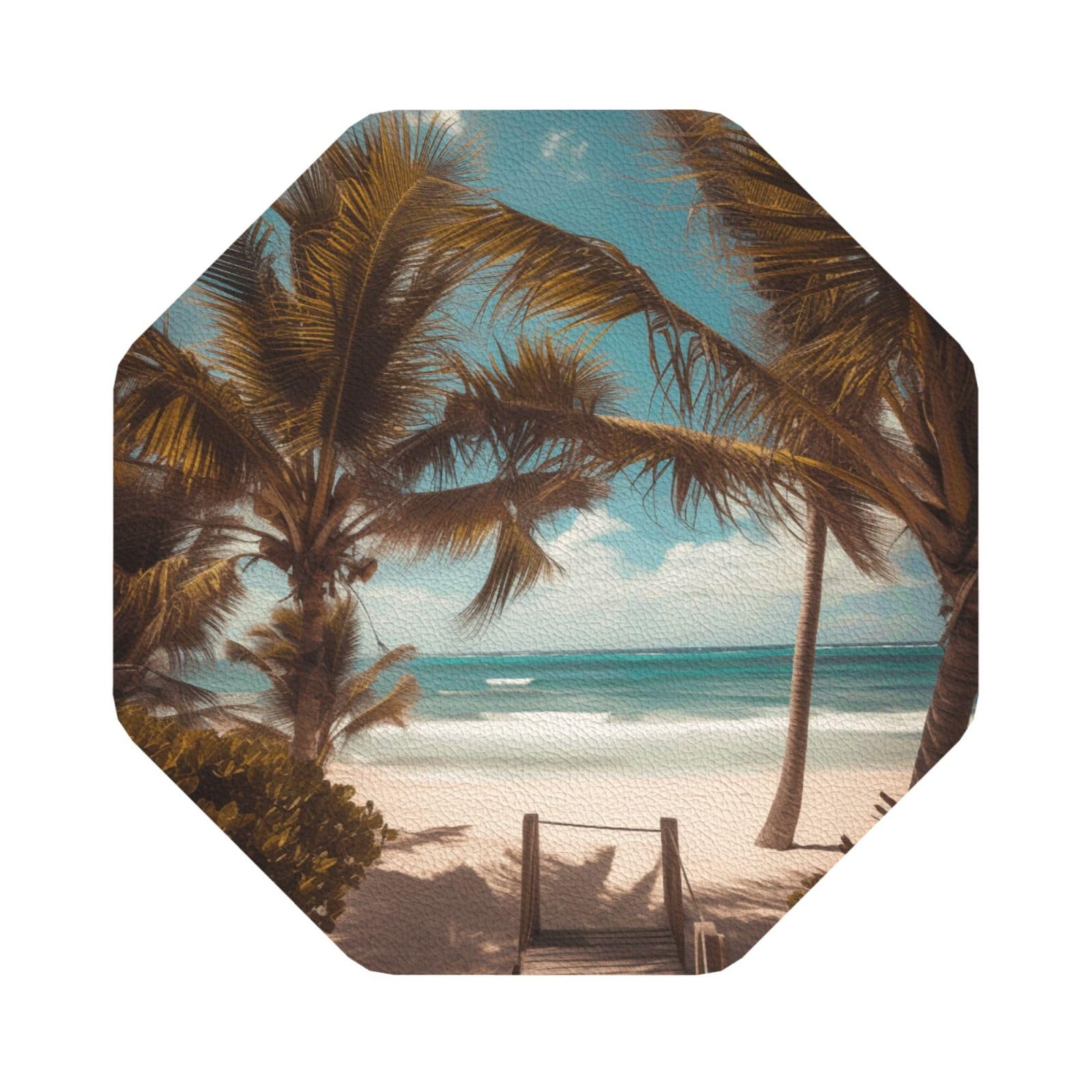 Beach Palm Trees Print Leather Coaster Set of 6, Octagon Coasters Table Decorative Coffee Cup Beverage Coasters Wine Beer Bar Coasters for Hot Drinks Table Protection