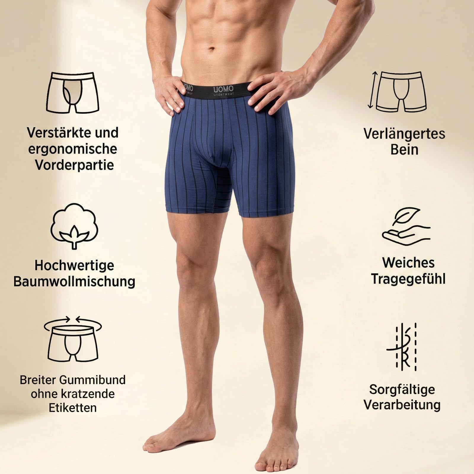 Herren Boxershorts, 5er/10er Pack, Größen M-6XL, mit verlängertem Bein, Baumwolle, Bequeme Unterhose, enganliegende Retroshorts ohne kratzenden Zettel, Langes Bein