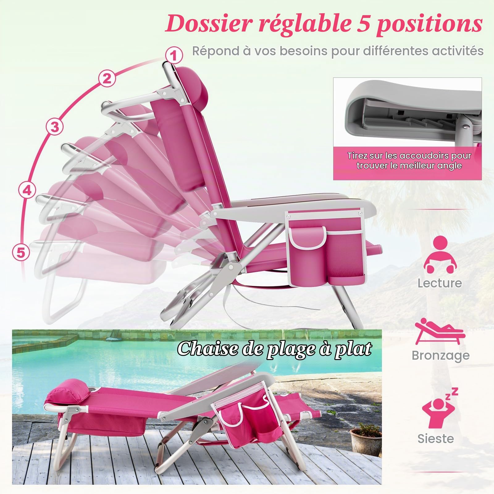 KOMFOTTEU Chaise Plage Pliable, 5 Positions Dossier réglable, Rose, 2 | Fauteil de Plage avec Appui-tête, Chaise de Camping avec Poches latérales, Charge de 150 kg