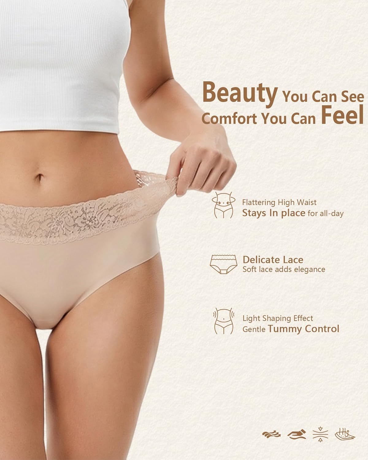 Cevapro Seamless Underwear for Women With Soft Lace Waistband, No Show Laser Cut Lace Panties Women Underwear Seamless 5 Pack - Image 4