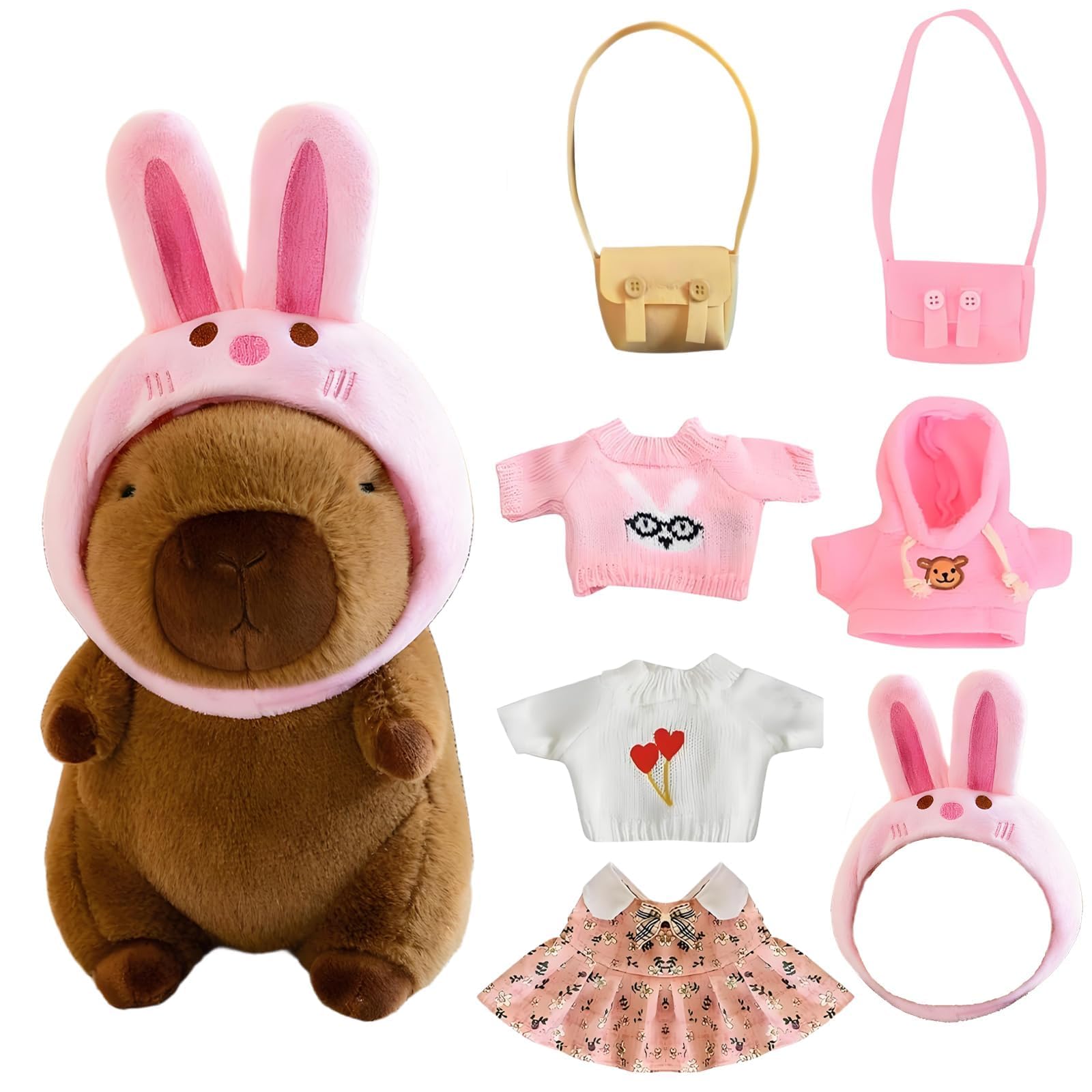 aieieii 23cm Capybara Plush Toy, Cute Capybara Toys With 7 Clothes Accessories, Interchangeable Clothes Soft Plush Animal Set, Creative Gift Cute Capybaras Gifts for aged 15 and above
