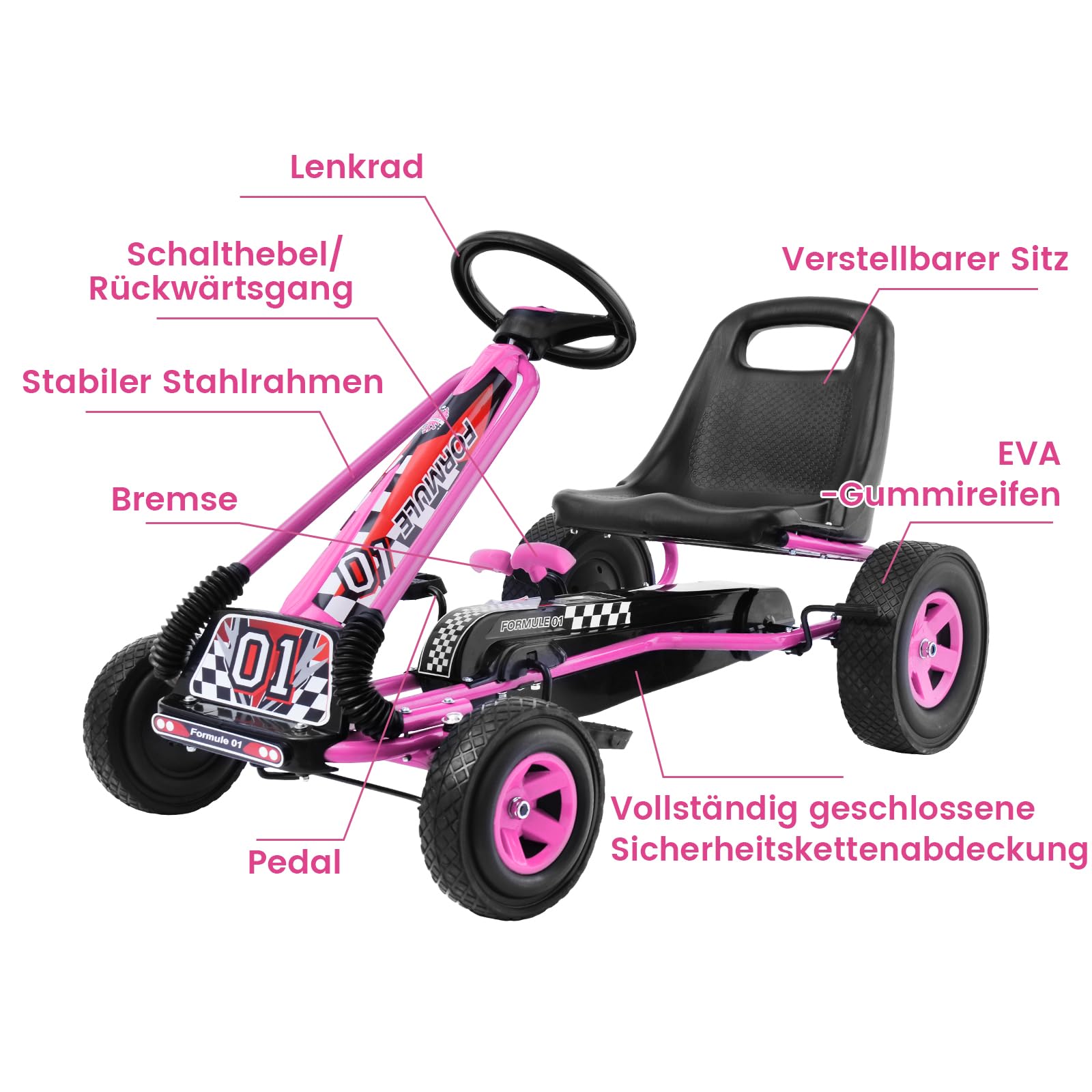 COSTWAY Gokart mit Handbremse und verstellbarem Sitz, Tretauto mit Vor- und Rückwärtsgang, Go Cart für Kinder ab 3 Jahren, Pedal Gokart Tretfahrzeug Pedalfahrzeug Kinderfahrzeug 98x59x61cm (rosa)