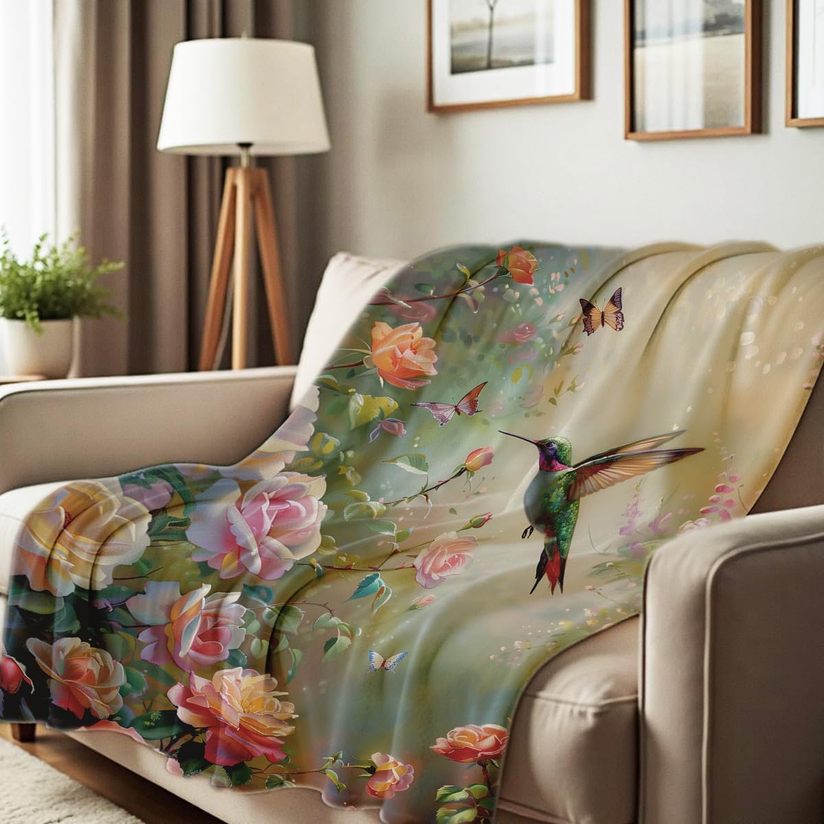 Printed Bed Blanket Hummingbird Blanket for Sofa Couch Floral Bird Throw Flannel Blankets Hummingbird Gifts for Women Kids Girls Mom (Hummingbird 4, 50"x60")