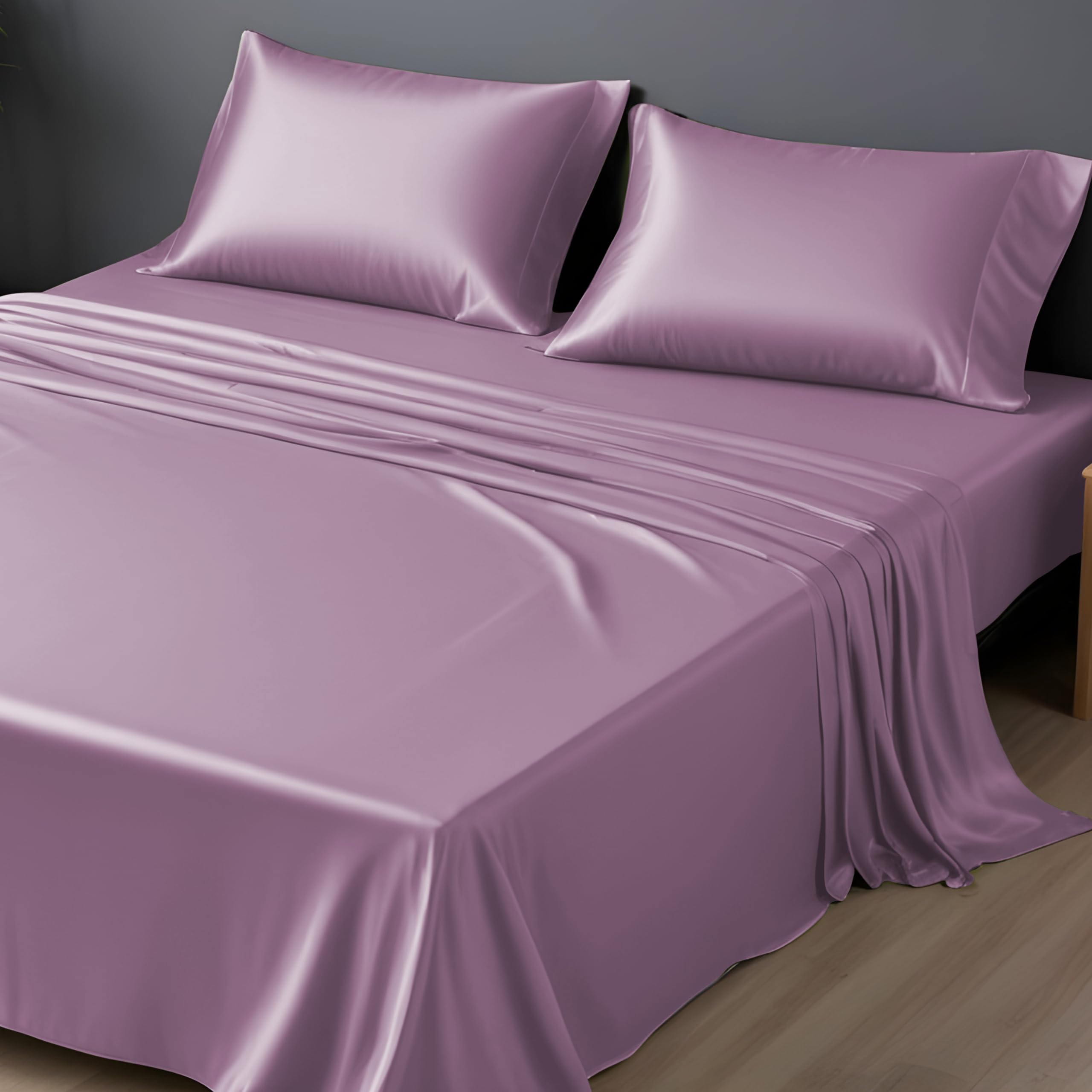 100% Vegan Bamboo Silk Bedsheet Set -Natural Soft and Best for Hair and Delicate Skin with 2 Pillows(King, Lilac)