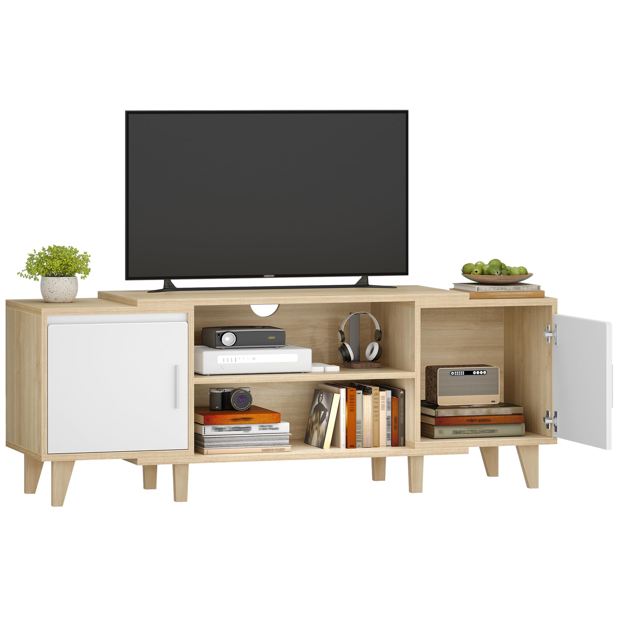Hzuaneri Meuble TV, Banc TV pour Télévisions 65 Pouces, Blanc-Chêne