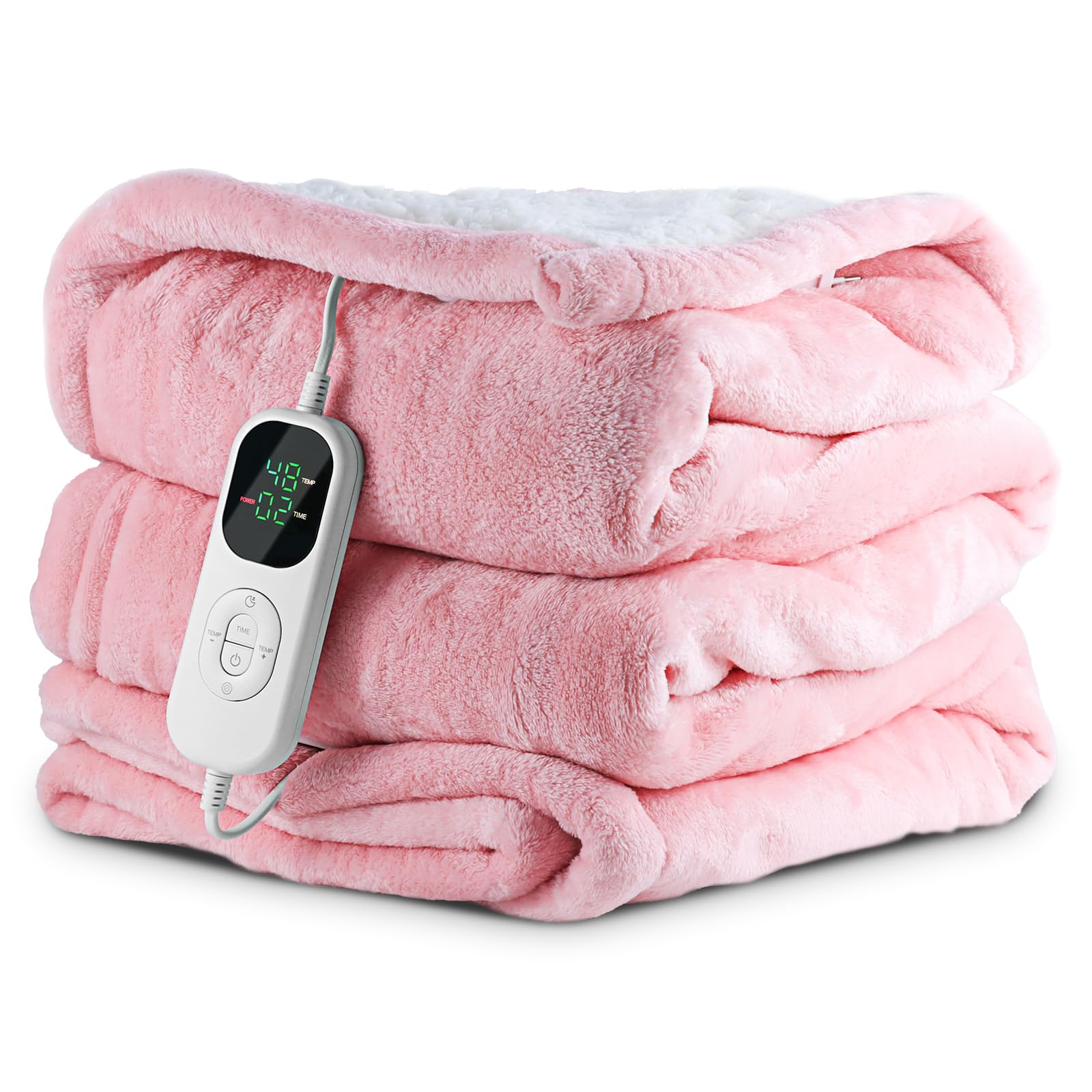 Manta Eléctrica Felpilla-Algodón-Sherpa, 30S Calentamiento Rápido Antirácaros & Modo Sueño, 6 Niveles de Calor, Temporizador 1-10h, Protección Sobrecálculo, Lavable a Máquina (Rosa, 180X130CM)