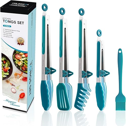 Maywe Tanso - Paquete de 5 pinzas de silicona para cocinar, 4 pinzas de cocina de 13 pulgadas con puntas de silicona, pinzas de acero inoxidable