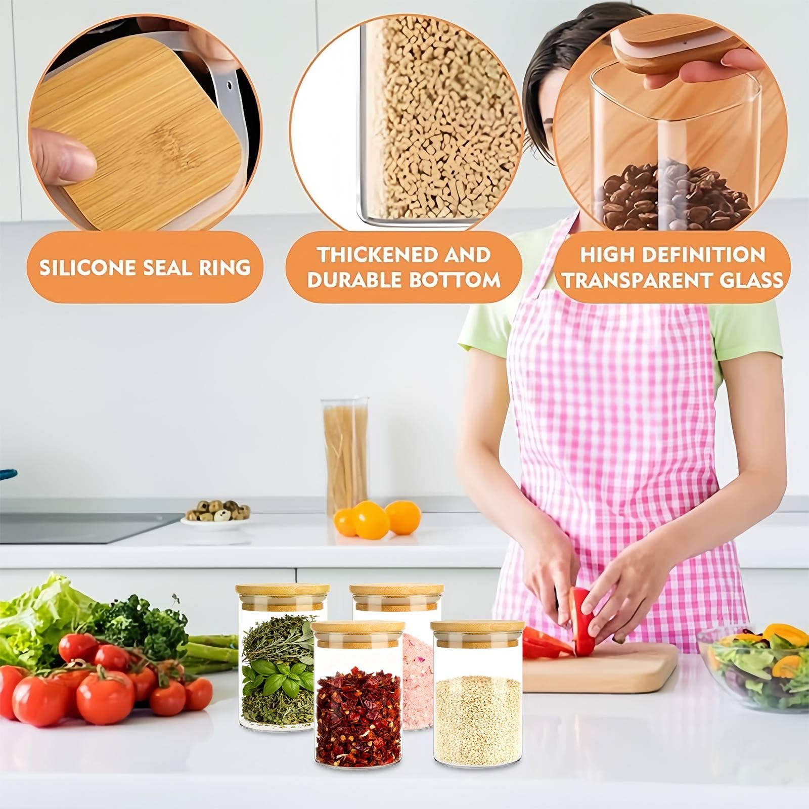 Barattoli per spezie in vetro con coperchio in legno, 10 pezzi, 250 ml