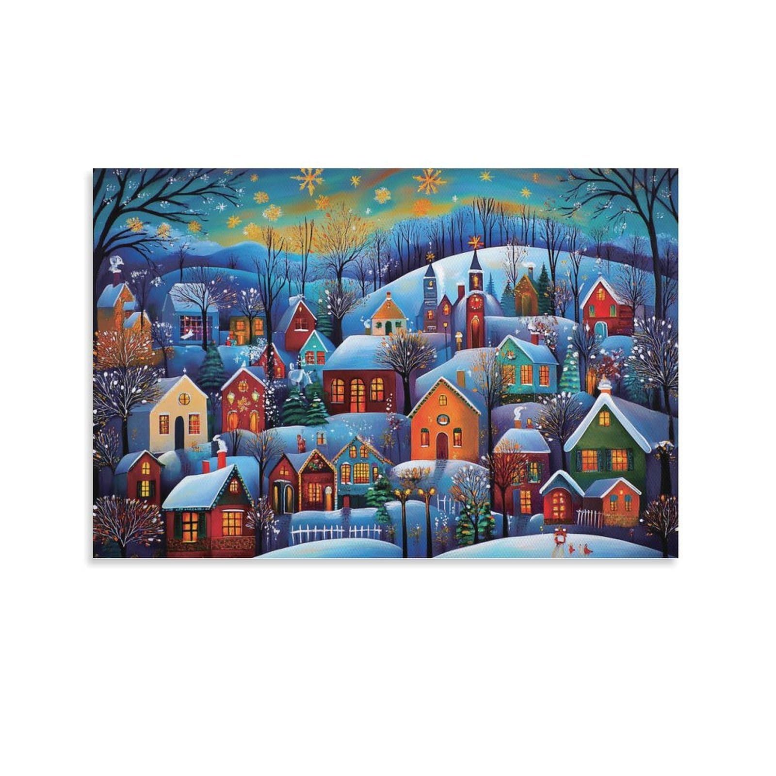 CPLVKWRQJ Winter Village Scene Individual Cozy Winter Village Painting Wall Art Decor - Office Wall Focal Art Multi-Purpose Fade Resistant Decor 24x36inch(60x90cm)