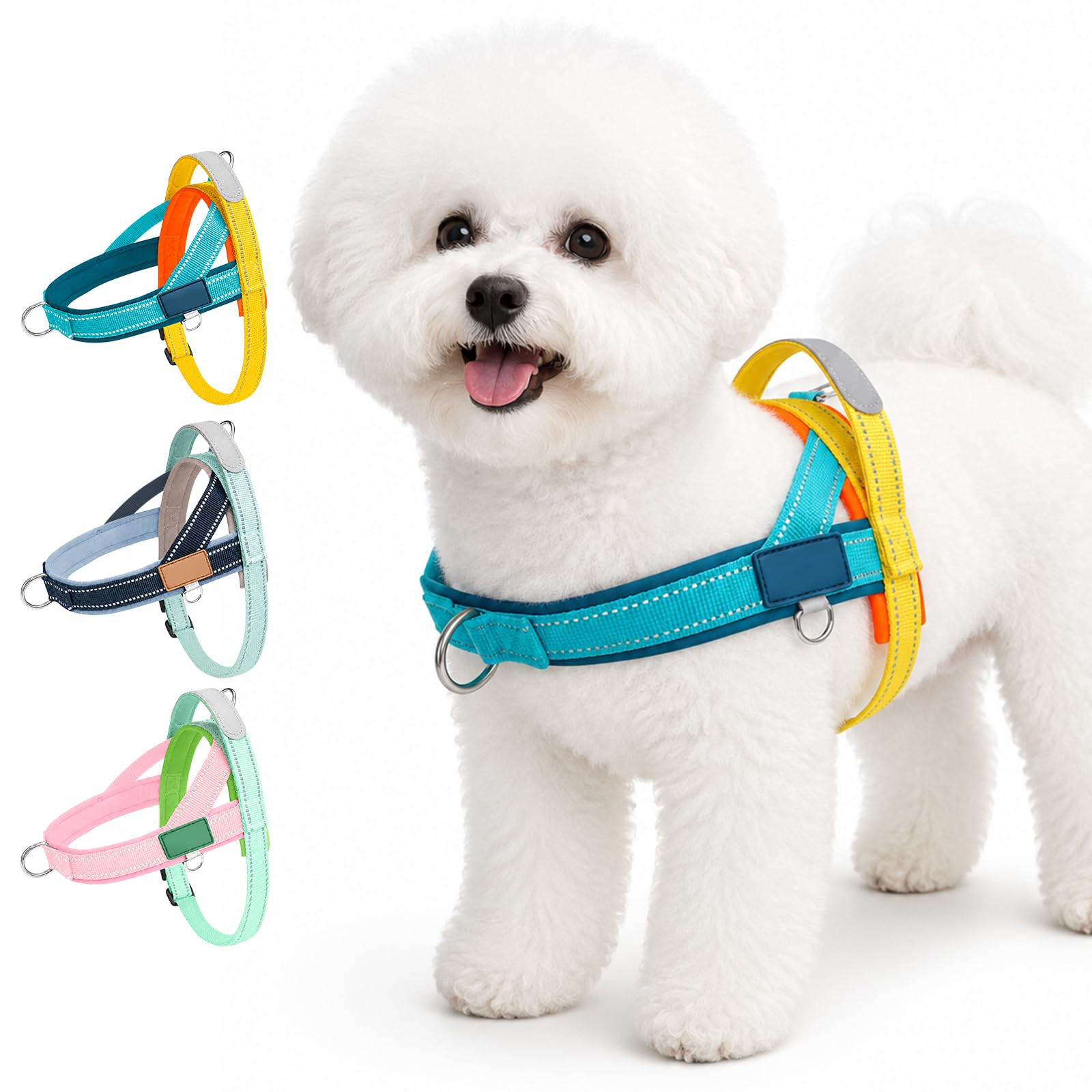 Olcyren No Pull Dog Harness, Adjustable Anti Pull Padded Puppy Harness with Handle, Reflective Breathable Lightweight Harness with Front Clips for Extra Small and Small Medium Dogs (Teal & Yellow, M)