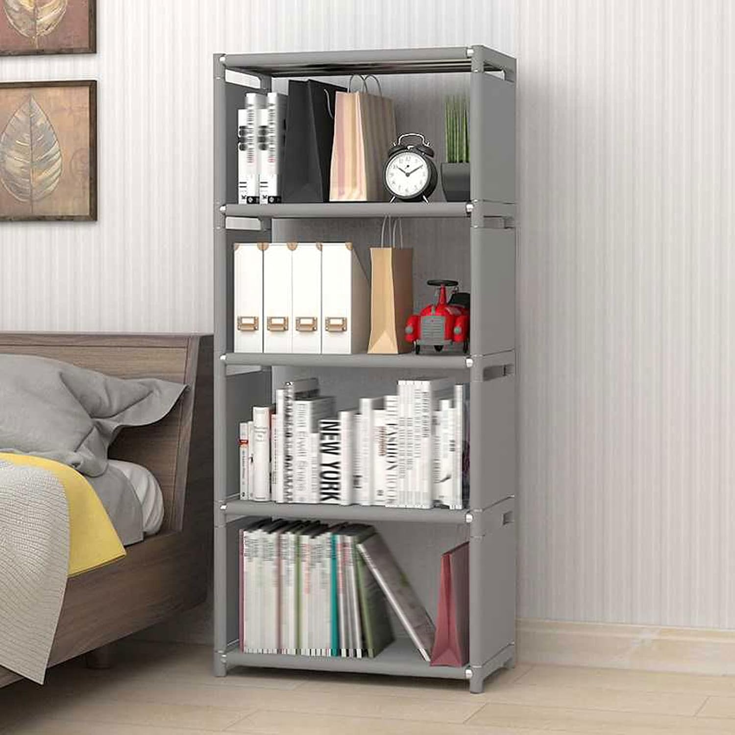 4-Tiers Portable Bookshelf with Fabric Cloth, 4 Cube Closet Storage Organizer Bookcase, Grey Storage Rack Shelf Shelving for Living Room, Study Room, Bedroom