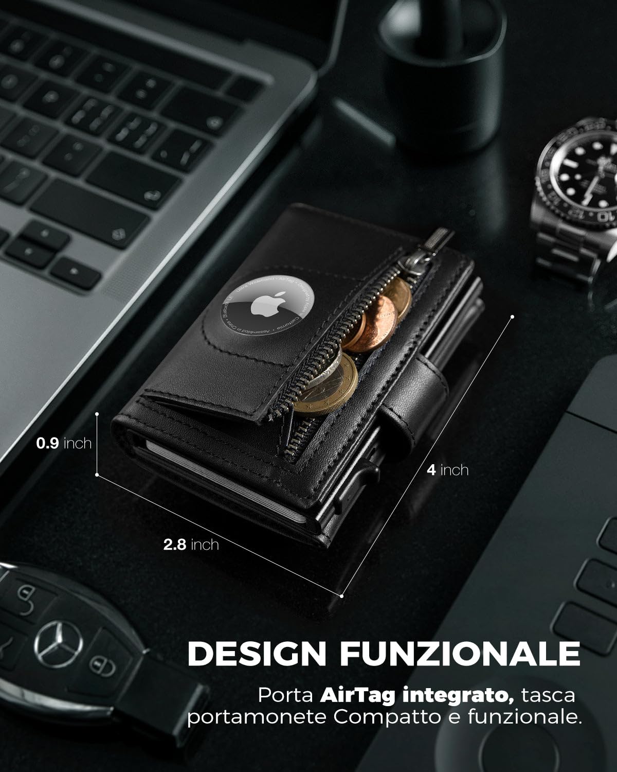 DODENSHA Portafoglio Uomo Airtag Pelle Piccolo | Porta Carte Credito Schermato | Slim RFID con Portamonete | Custodia in Metallo Pop-up per 8-10 Carte | Slot ID | Nero