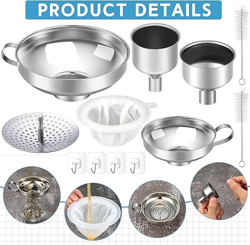 Miniatura 3 de Gejoy Juego de 12 embudos de metal para conservas, embudos de boca ancha para rellenar filtros de cocina de acero inoxidable con colador, cepillos
