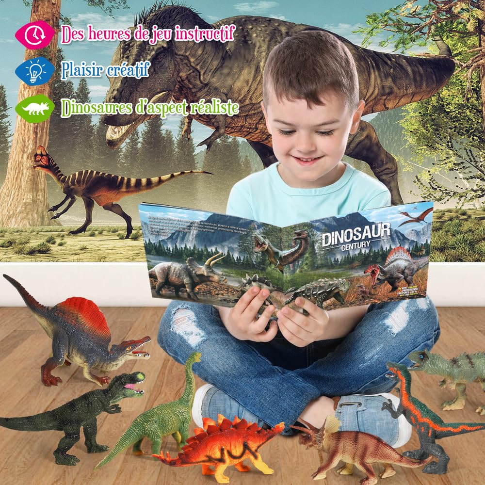 FRUSE Dinosaure Jouet,12 Pcs Grandes Réaliste Figurine Dinosaure avec T-Rex,Seau de Stockage,Livre Dinausaures,Dinosaure Cadeaux pour Enfants Garçons et Filles 3 4 5 6 7 Ans