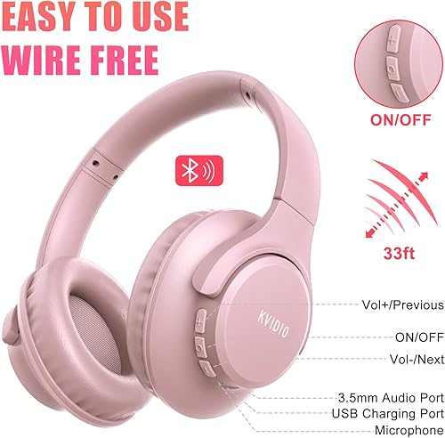 Miniatura 8 de KVIDIO Auriculares Bluetooth sobre la oreja, 65 horas de reproducción, auriculares inalámbricos con micrófono, auriculares ligeros plegables con