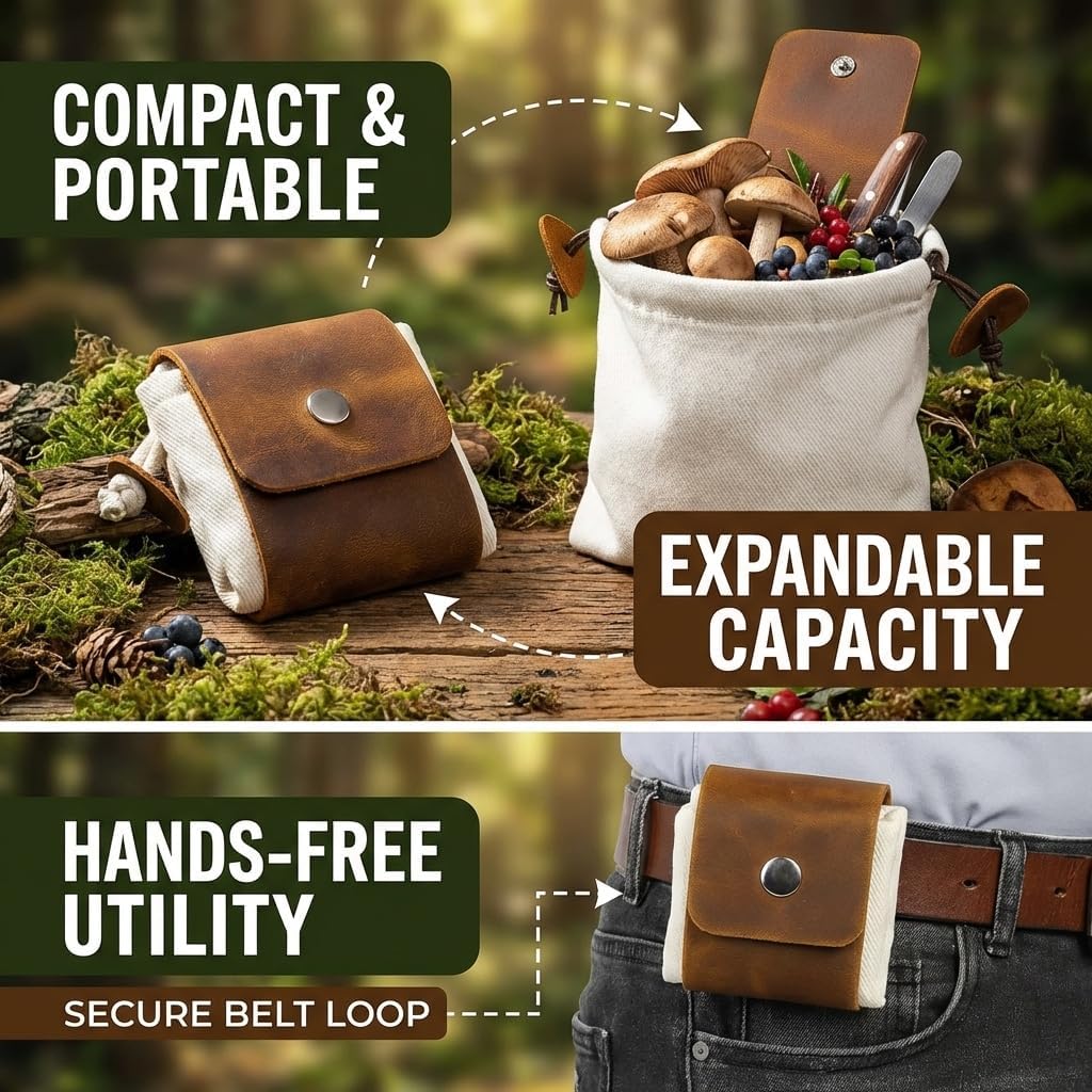Toprank Leather Foraging Pouch – Collapsible Canvas and Leather Belt Bag for Hiking, Mushroom, Rock & Shell Collecting (Camel/Off-White) - Image 3