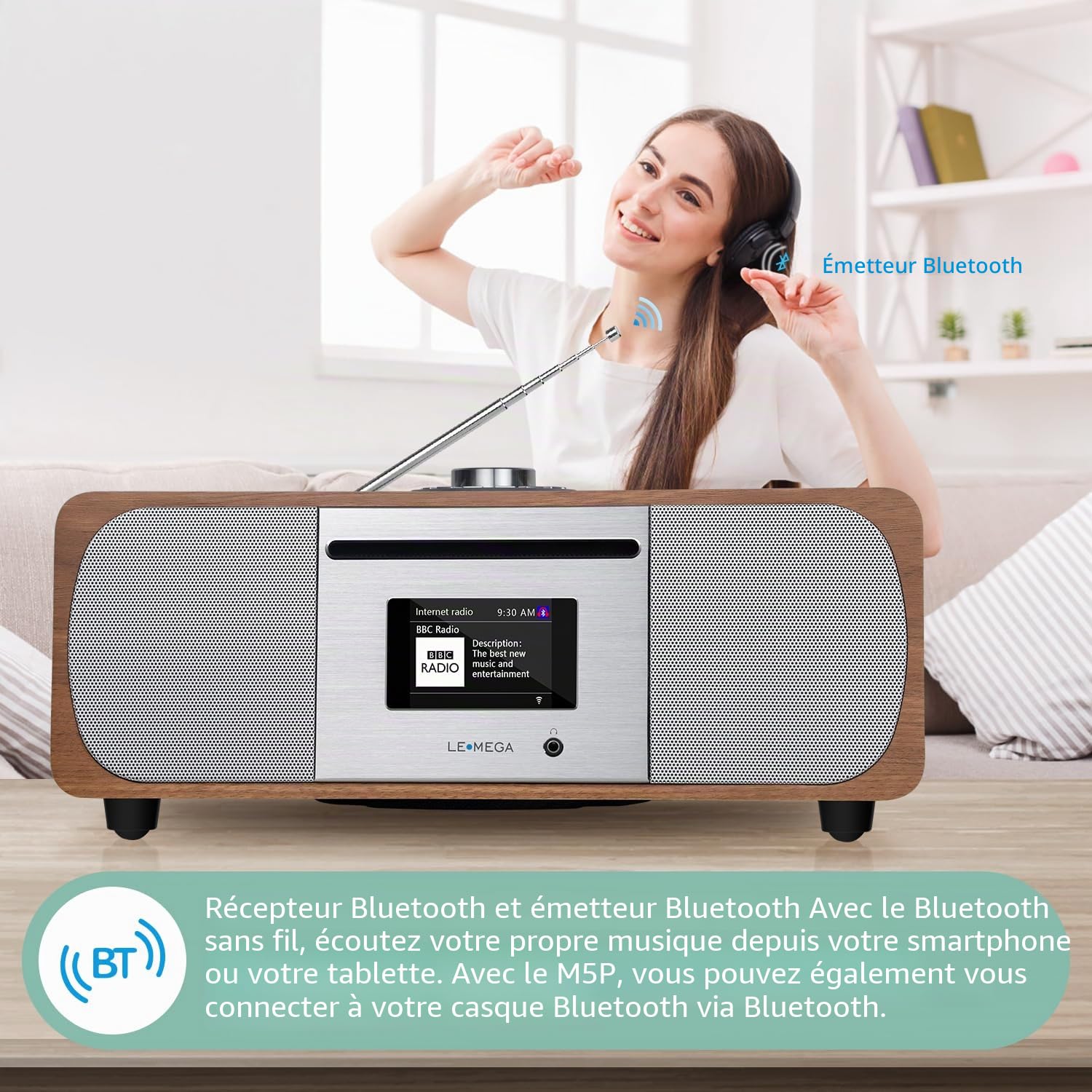 LEMEGA M5P Radio Dab avec Lecteur CD,Radio Internet WiFi,Radio Numérique Dab+ FM,Bluetooth, Spotify,Système Musical Hi-FI Stéréo 35W,Lecteur USB,Double Alarme,Horloge avec Télécommande(Noyer Foncé)