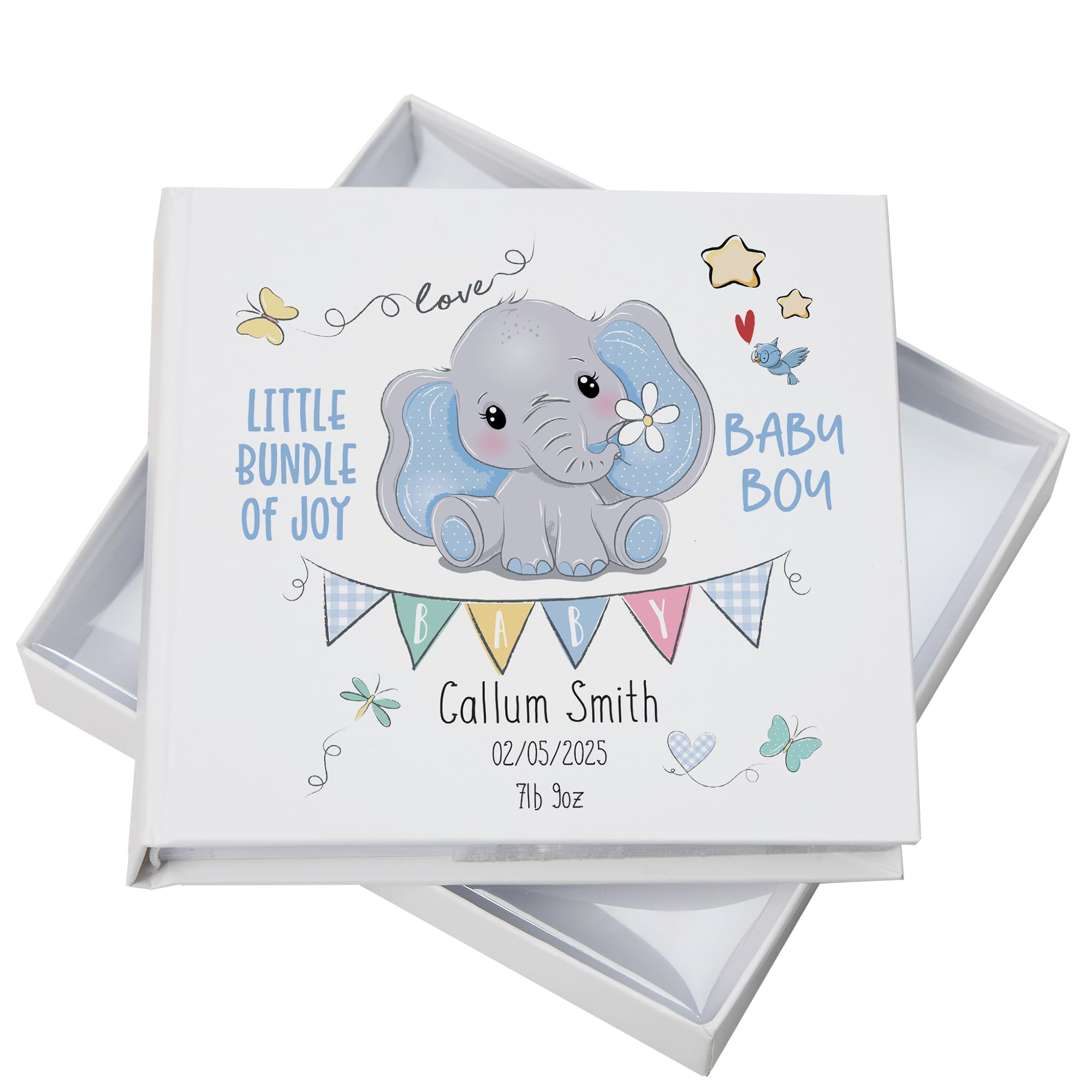 Ukgiftstoreonline Men's White Personalised Baby Boy Photo Album With Elephant Design