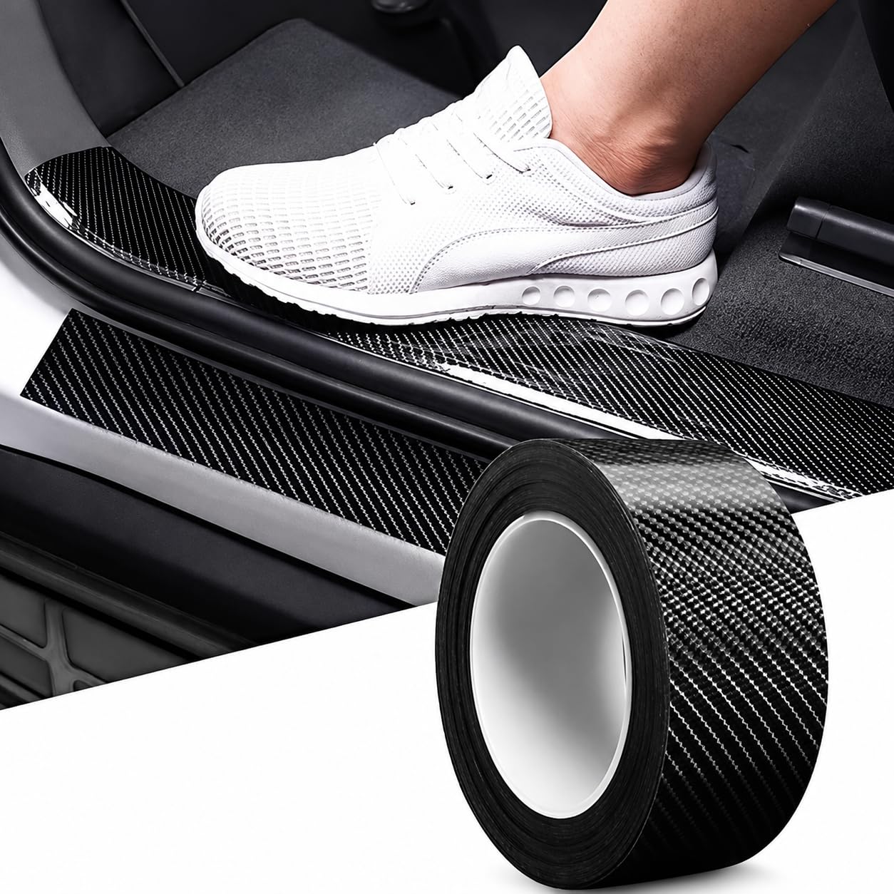 High Gloss Carbon Fibre Protection Film Tape for Car, 2 Inch × 5 Meter | Self-Adhesive Black Carbon Fiber Vinyl Wrap | Anti-Scratch Door Sill, Edge, Interior & Exterior Decorative Tape-picture-11