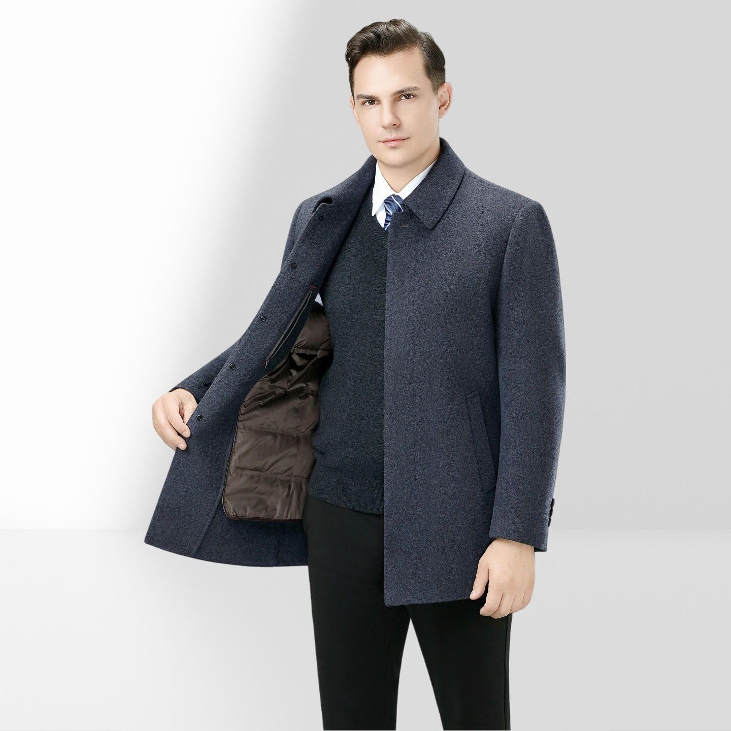 Cappotto da uomo con risvolto in lana double-face autunno inverno fodera rimovibile mezza età
