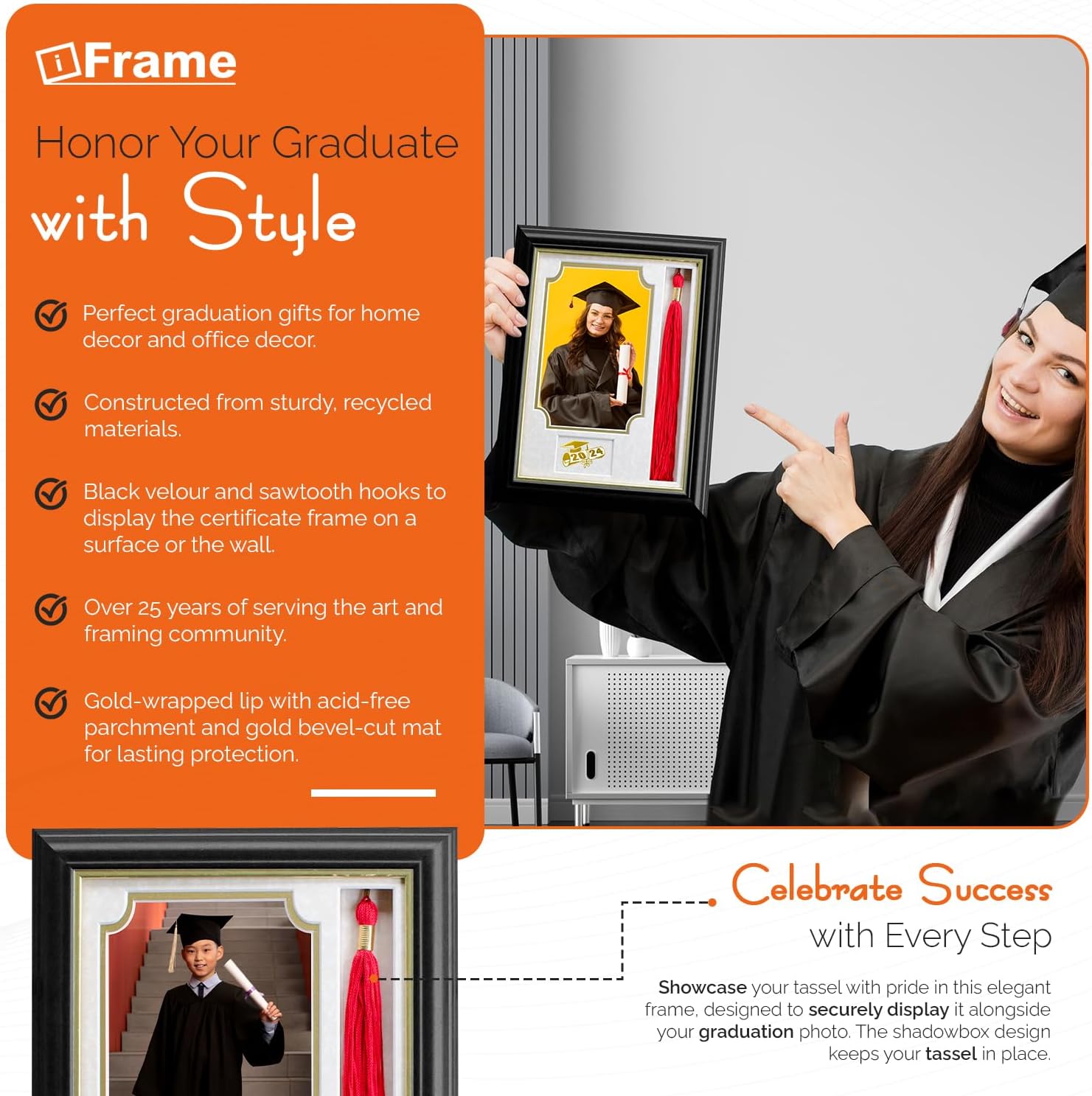 iFrame Graduation Photo & Tassel Frame I 5x7 picture frame I Customizable Grade Class Year | Real Wood Black Finish I wall mount & tabletop graduation frame | Shatterproof Plexiglass | Made in USA