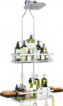 Skyapex Shower Caddy Hanging Adjustable Height No Blocking to Shower Head - Silver Shower Caddy Over Showerhead Shower Organizer - Rustproof Shower Shelves with Hooks 2 Soap Holders