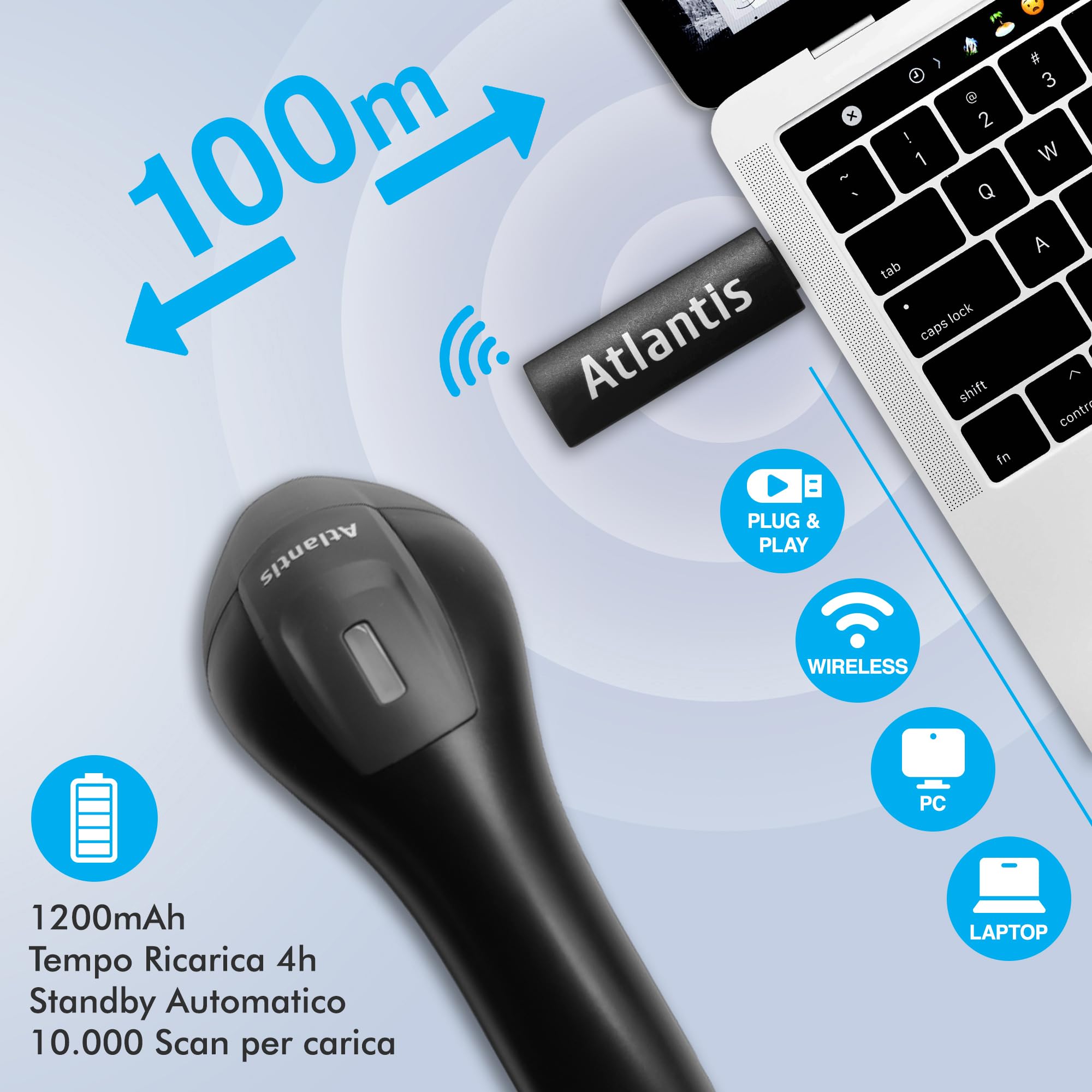 Atlantis A08-LS1552-W Lettore Codici a Barre Barcode reader scanner Wireless 1D Laser (650nm), 270 scansioni sec, codice farmaceutico, collegamento USB, guida rapida.