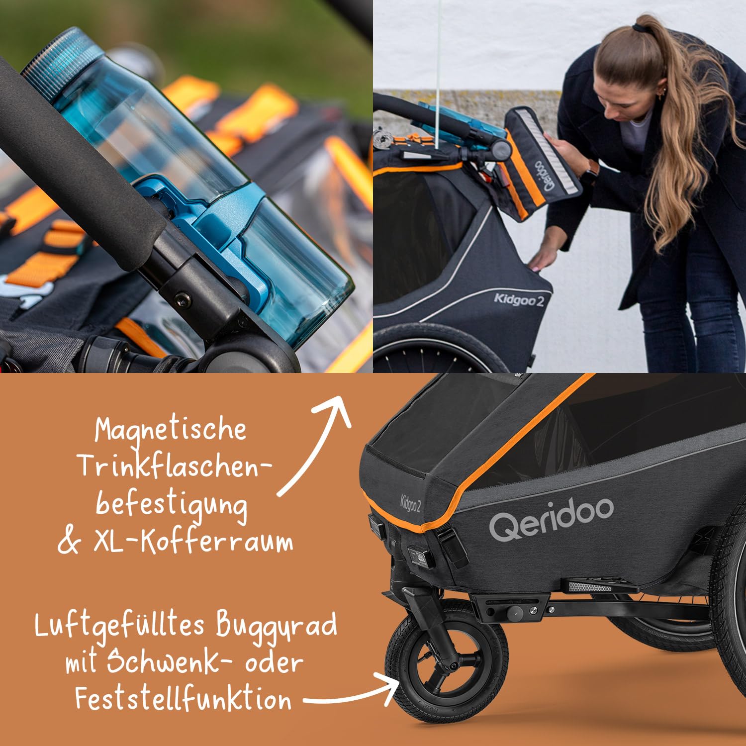 Qeridoo Kidgoo 2 FIDLOCK Edition | Kinderfahrradanhänger 2 Kinder | Fahrrad Anhänger mit Federung & FIDLOCK Gurtsystem | Jogger Kinderwagen | Fahrradanhänger klappbar | Kinderbuggy 45L | Bike Trailer