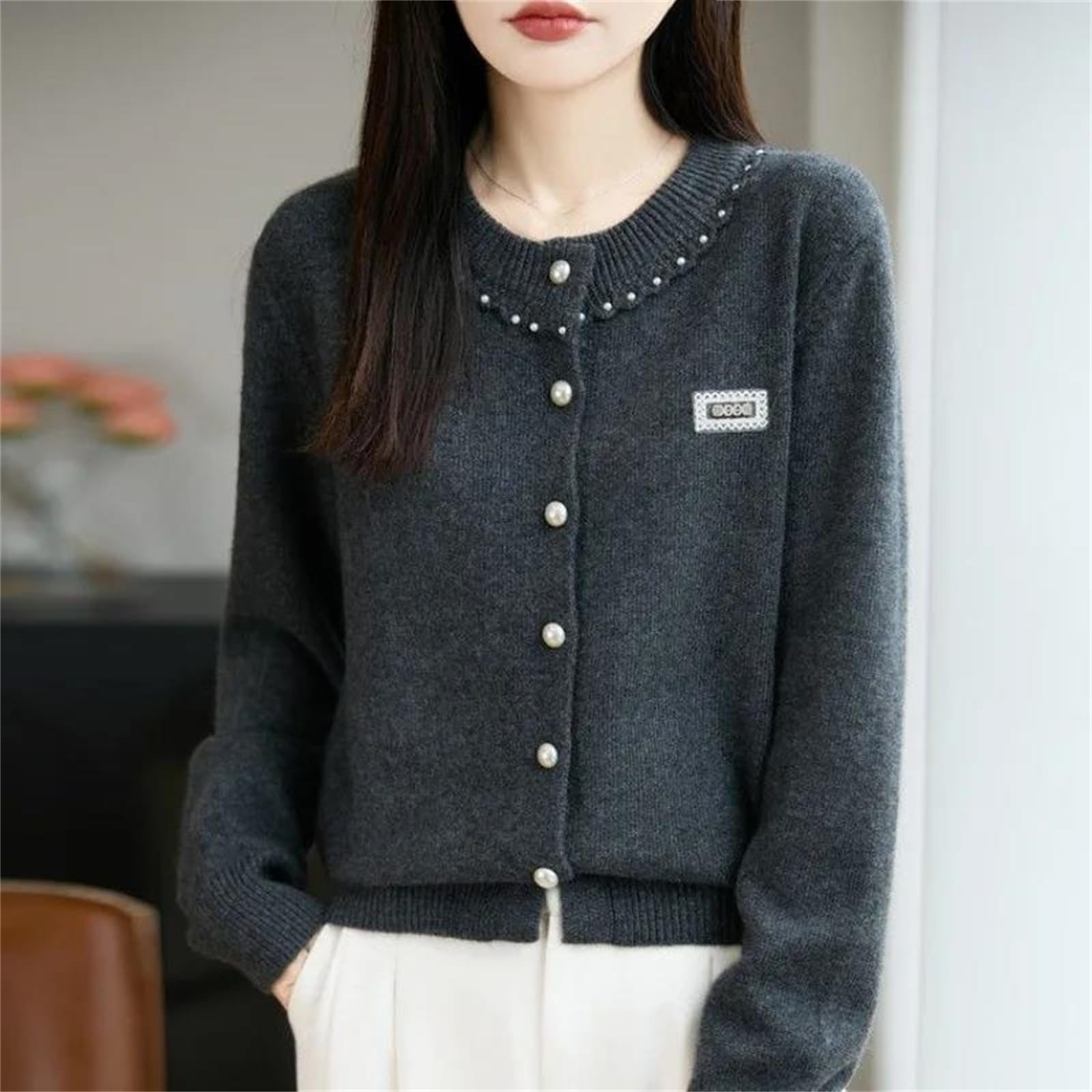 Cárdigan de punto con botones y perlas para mujer, cuello redondo, holgado, de punto de retazos, para otoño e invierno, elegante chaqueta de manga larga
