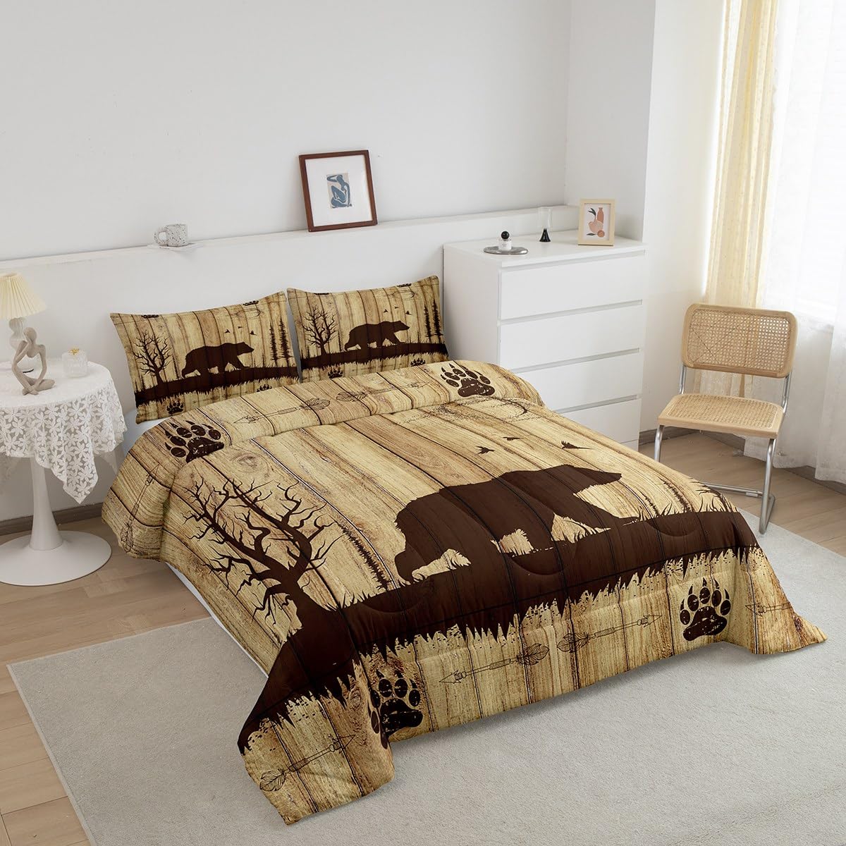 jejeloiu Bear Comforter Set Twin Size Kids Hunting Comforter for Boys Girls Teens Farmhouse Rustic Cabin Country Bedding Set Breathable Wild Animal Duvet Set Room Decor