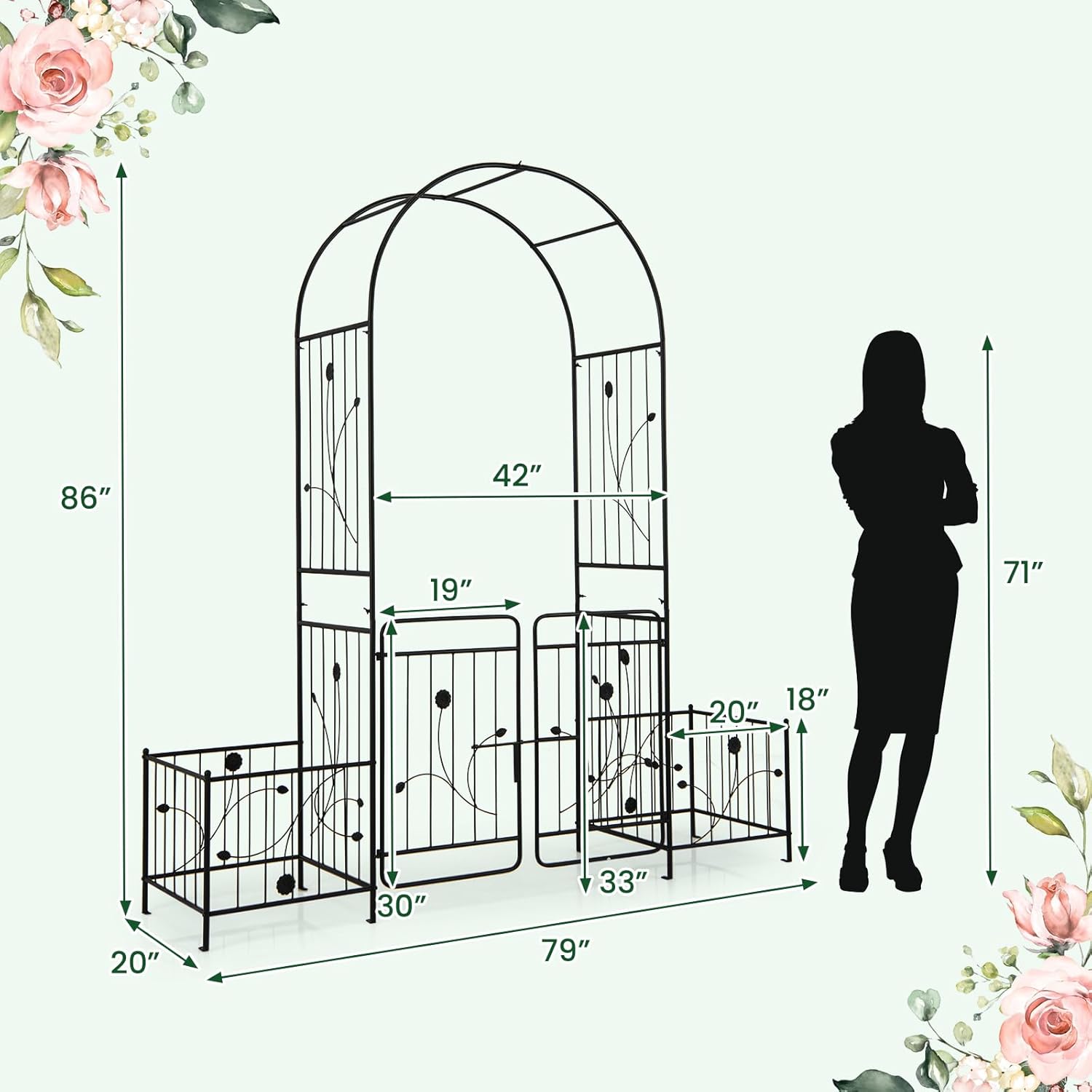 Happygrill Garden Arbor, 87" Metal Archway Pergola with Lockable Gate & 2 Side Planters for Climbing Plants, Roses, Vines, Heavy-Duty Outdoor Garden Arch Trellis for Wedding Party Ceremony Decoration