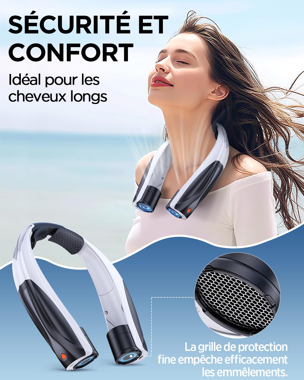 Lepwings Ventilateur de Cou, Autonomie 6–23h, 6 Vitesses, Silencieux & Confortable, USB-C Rechargeable, Batterie 6000 mAh, Ventilateur Tour de Cou pour Bureau, Sport, Voyage – Noir
