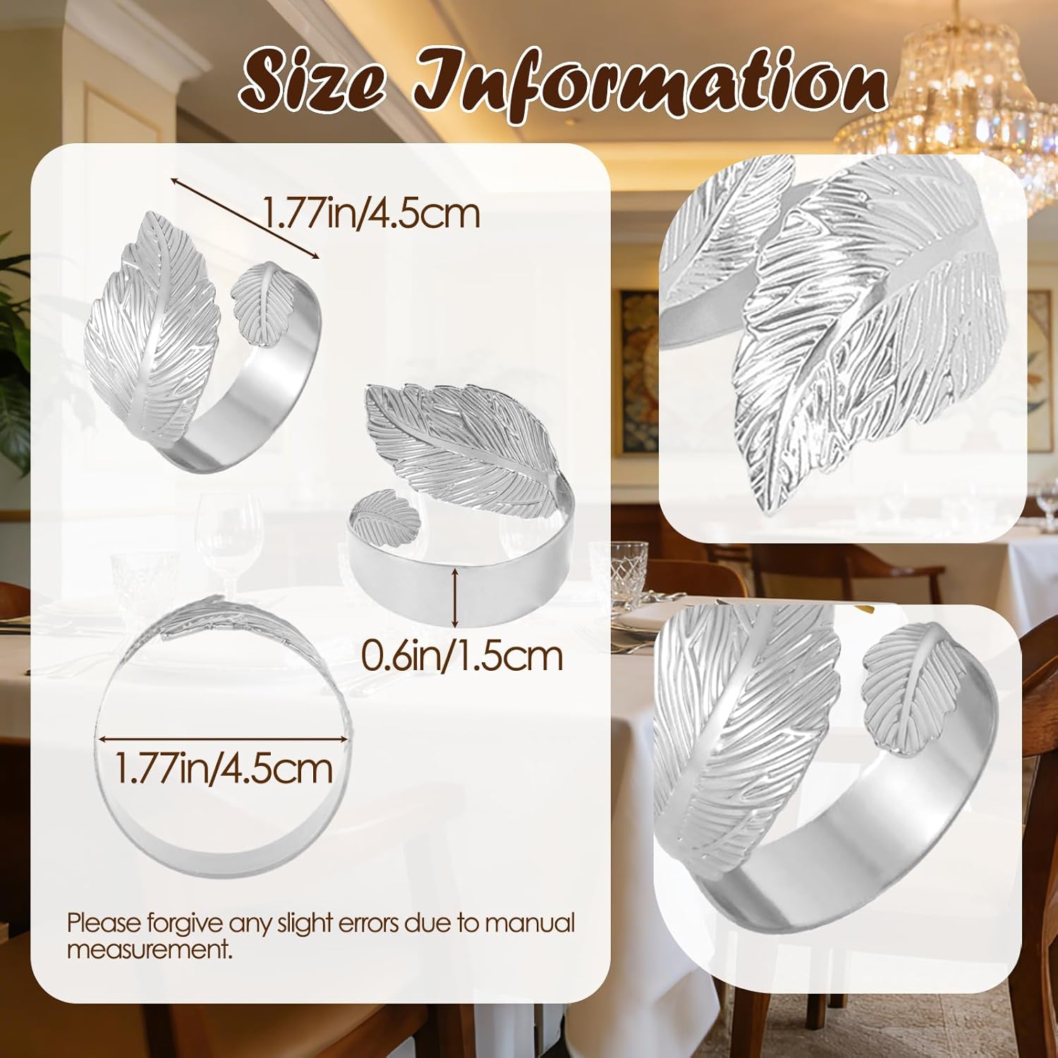 Silver Napkin Rings Set of 24,Metallic Napkin Ring Holder Buckles,Fall Napkin Ring Bulk for Christmas,Easter,Wedding,Party, Elegant Table Settings Gift (24, Matte Silver Leaf)