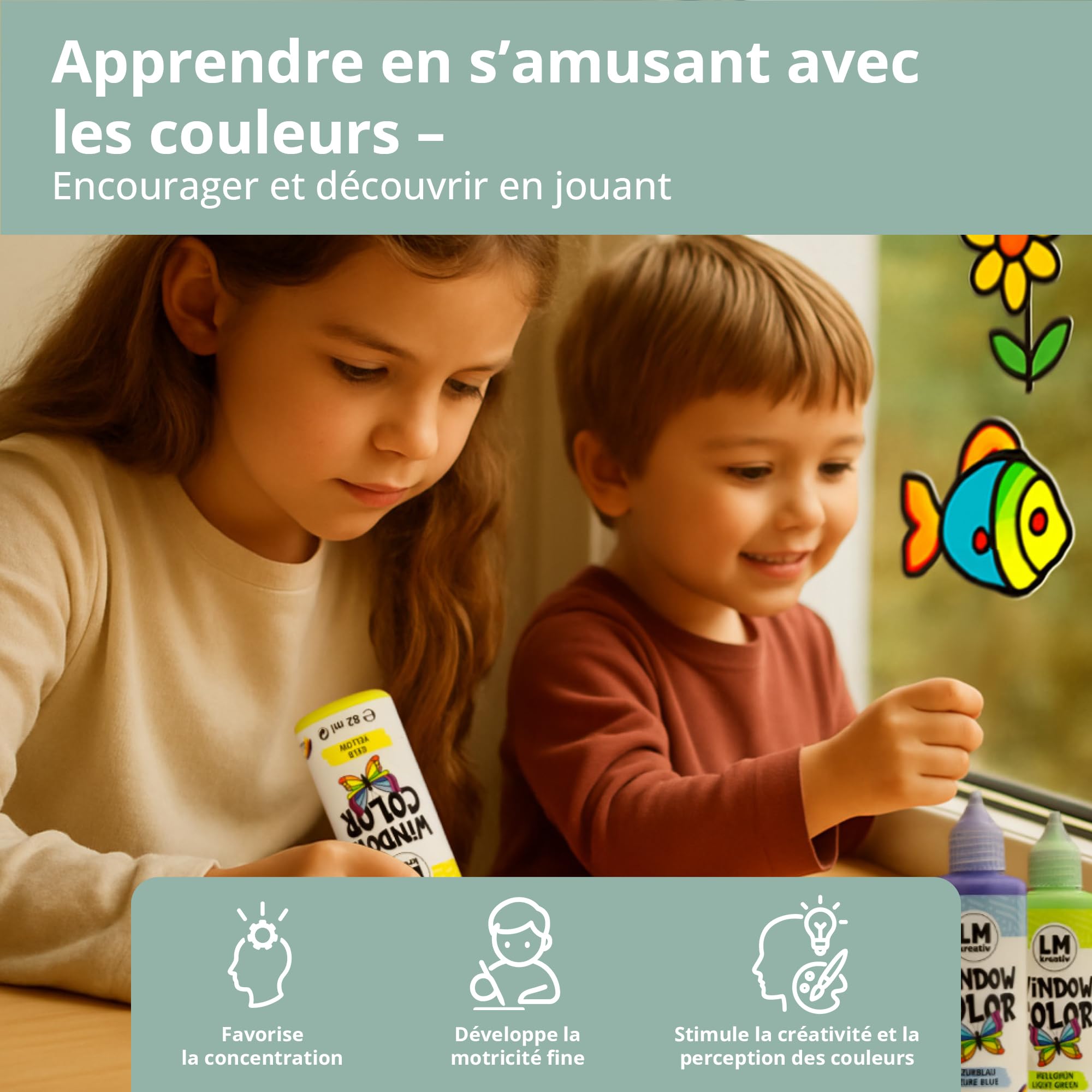 Set Window Color LM (17×80 ml) – peinture enfant repositionnable pour fenêtre avec contours & modèles – peinture déco fenêtre sans résidu pour vitre, miroir, carrelage