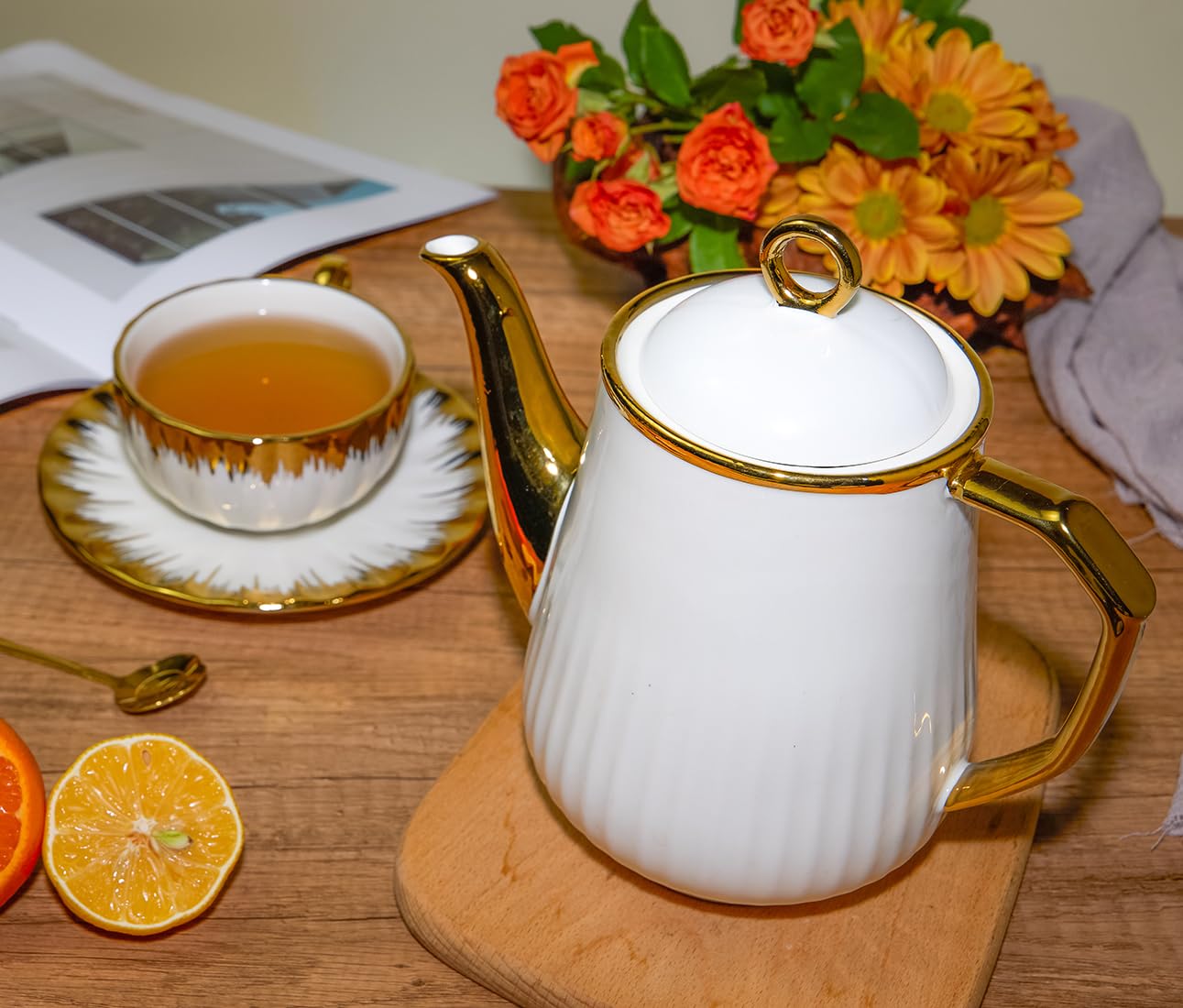 Teiera in porcellana minimalista 、Teiera in ceramica con infusi per teiere da tè sfuso per teiere da tè 、Teiera (oro, grande)