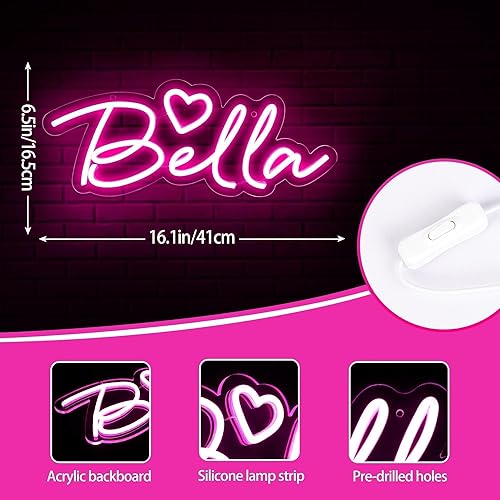 Miniatura 3 de Letrero de neón grande con nombre de Bella para decoración de pared, luz LED de neón para dormitorio de niños, decoración de fiesta de cumpleaños,
