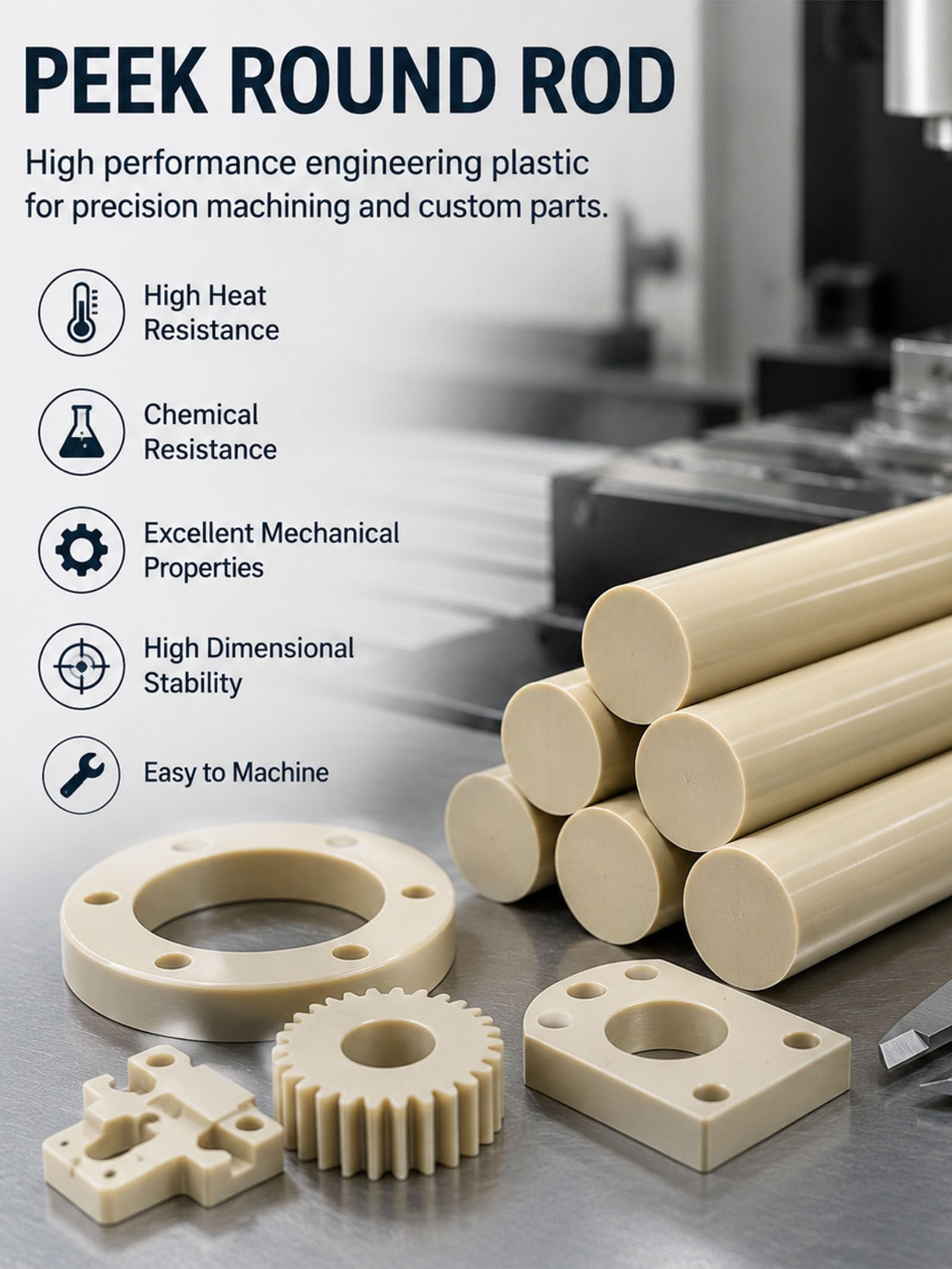 PEEK Profilo Tondo Plastica Tecnica Per Usinaggio E Parti Personalizzate | Materiale plastico tecnico PEEK per lavorazione precisa, ideale per componenti industriali, parti meccaniche
