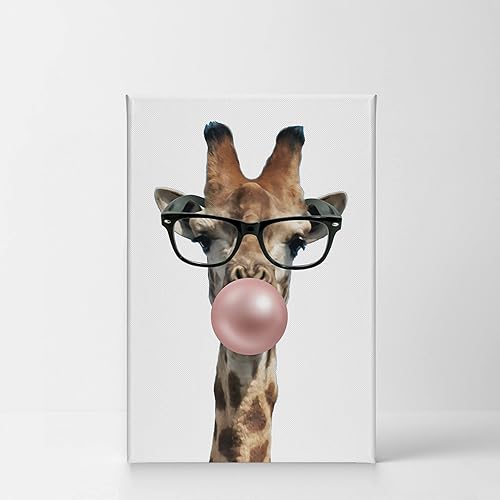 Miniatura 2 de Smile Art Design Linda jirafa con gafas de goma de mascar de animales con estampado de lienzo marrón claro, arte de pared para decoración del hogar,