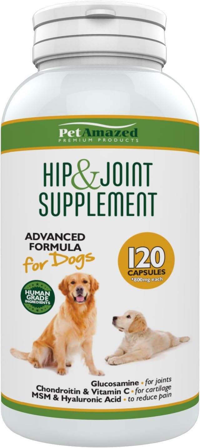 PetAmazed Advanced Hip & Joint Supplement for Dogs 120 capsules, Natural Pain Relief: Glucosamine, Chondroitin, MSM, Vit C & Hyaluronic Acid UK made, reduce Stiff Joints, Hip Dysplasia, more Mobility