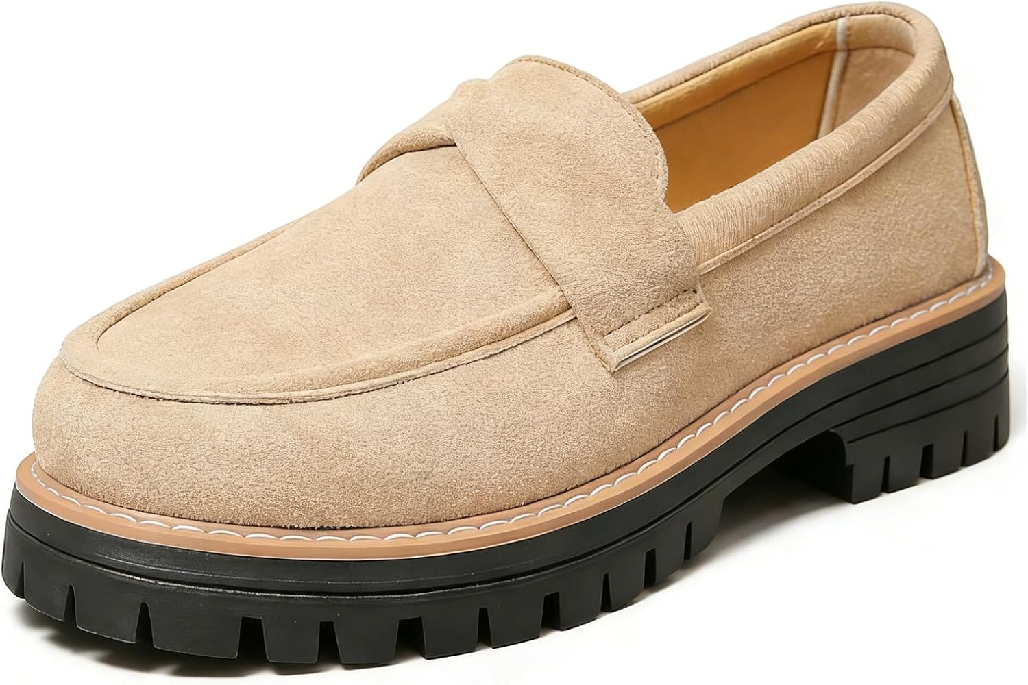 Women's Suede Platform Loafers with Bow Retro Classic Comfort Round Toe Non-Slip Lug Sole Slip-On Dressy Penny Loafers for Business Casual Daily Wear Office School